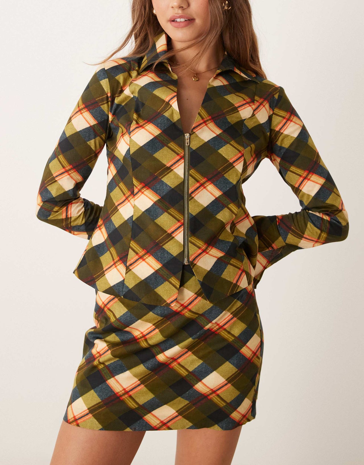 Glamorous low rise mini skirt in red khaki tartan co-ord