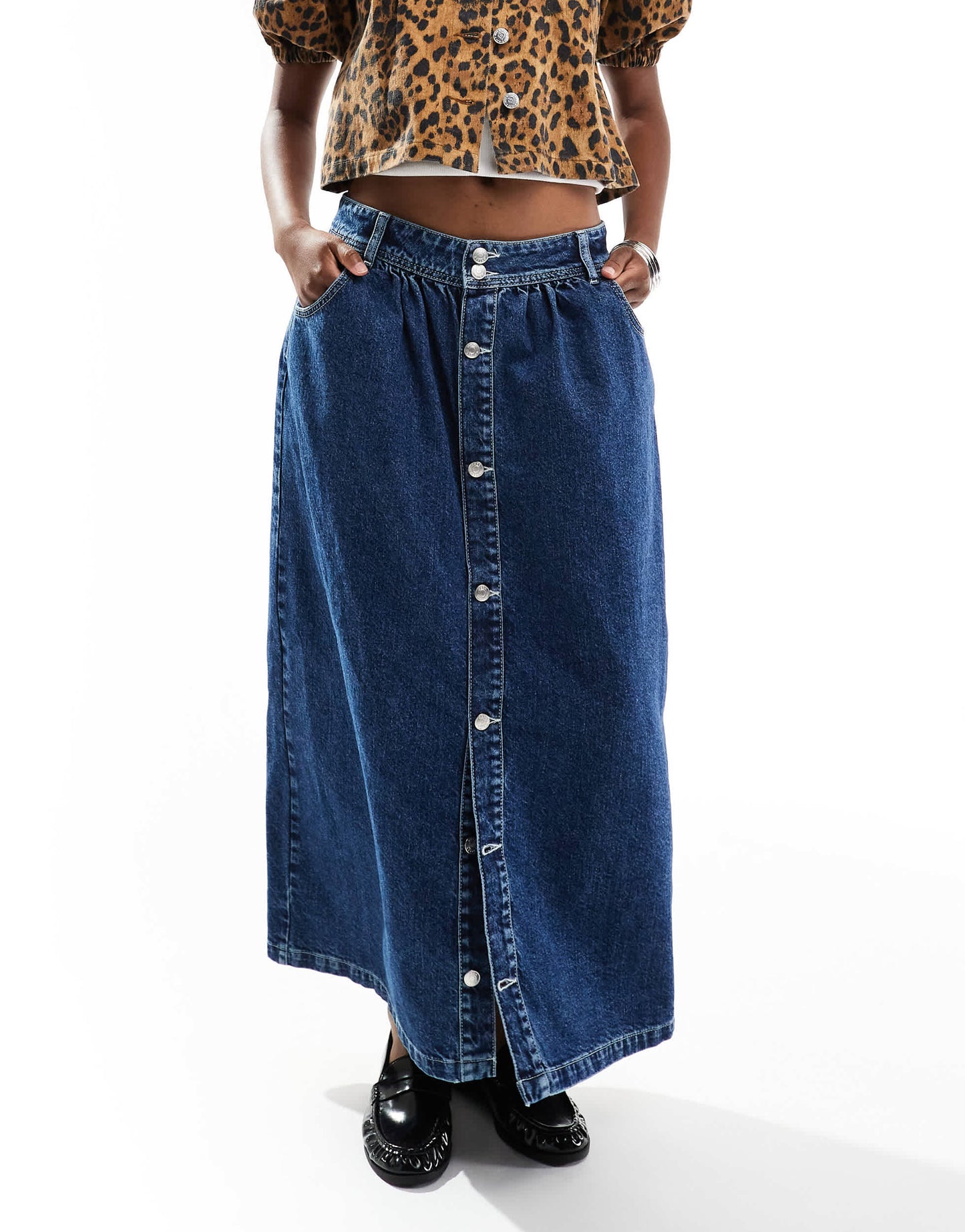 ASOS DESIGN denim dropwaist midi skirt in mid blue