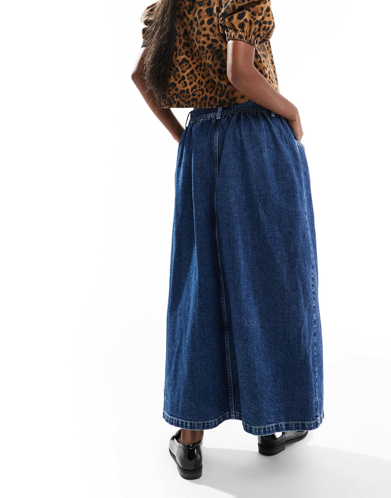 ASOS DESIGN denim dropwaist midi skirt in mid blue