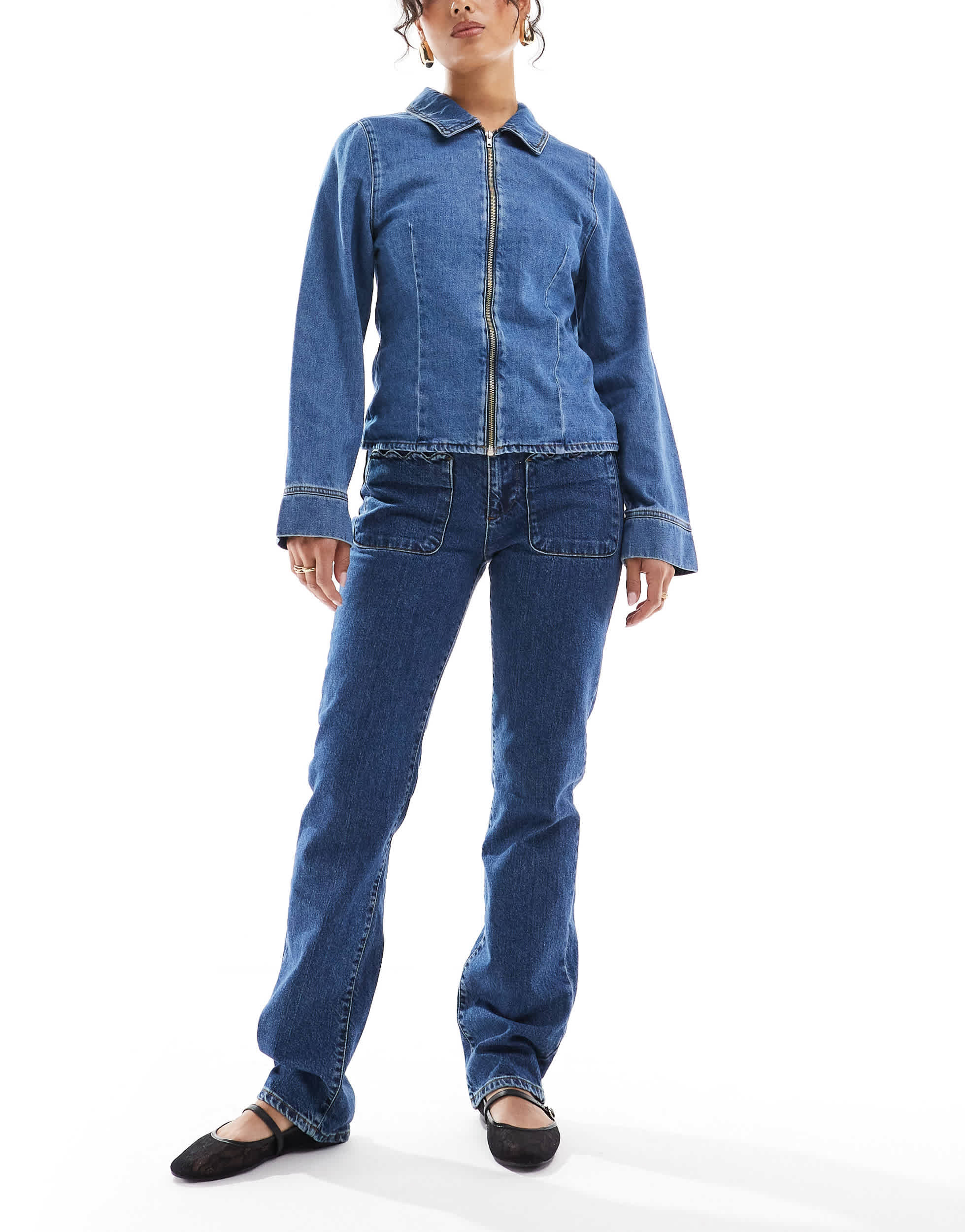 ASOS DESIGN scallop edge pocket jeans in mid blue