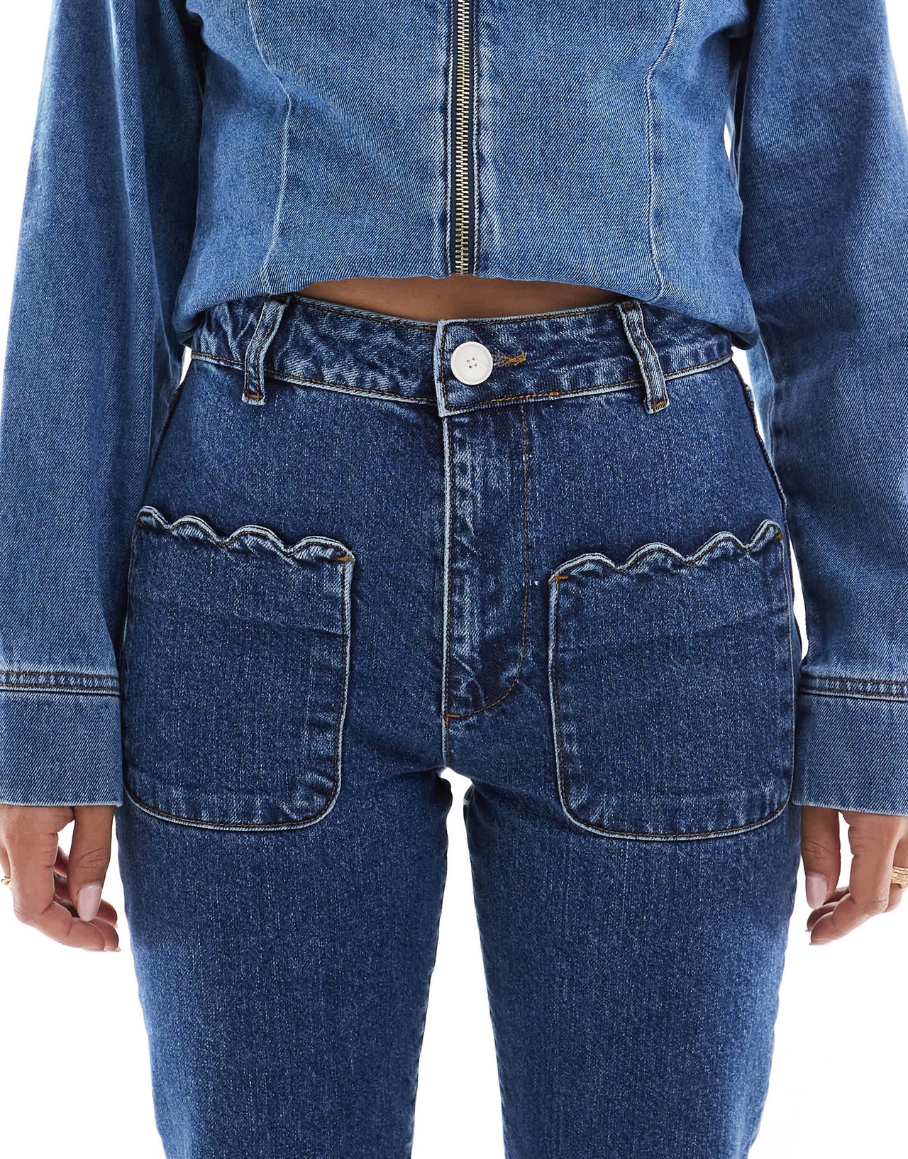 ASOS DESIGN scallop edge pocket jeans in mid blue