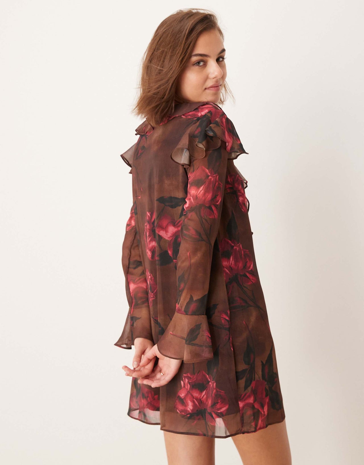 New Look floral ruffle tie neck mini dress in brown print