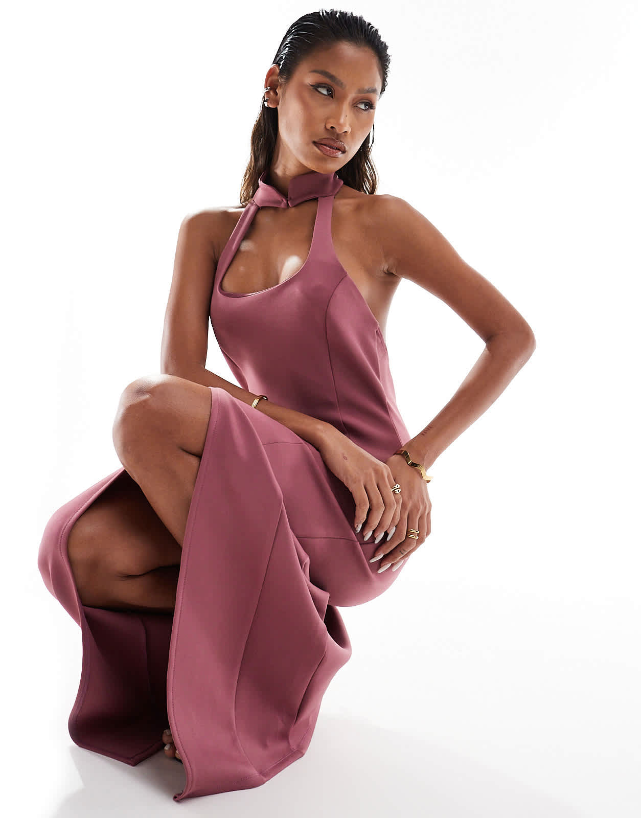 ASOS DESIGN  square neck halter midi dress with front split in rose in scuba-style fabric