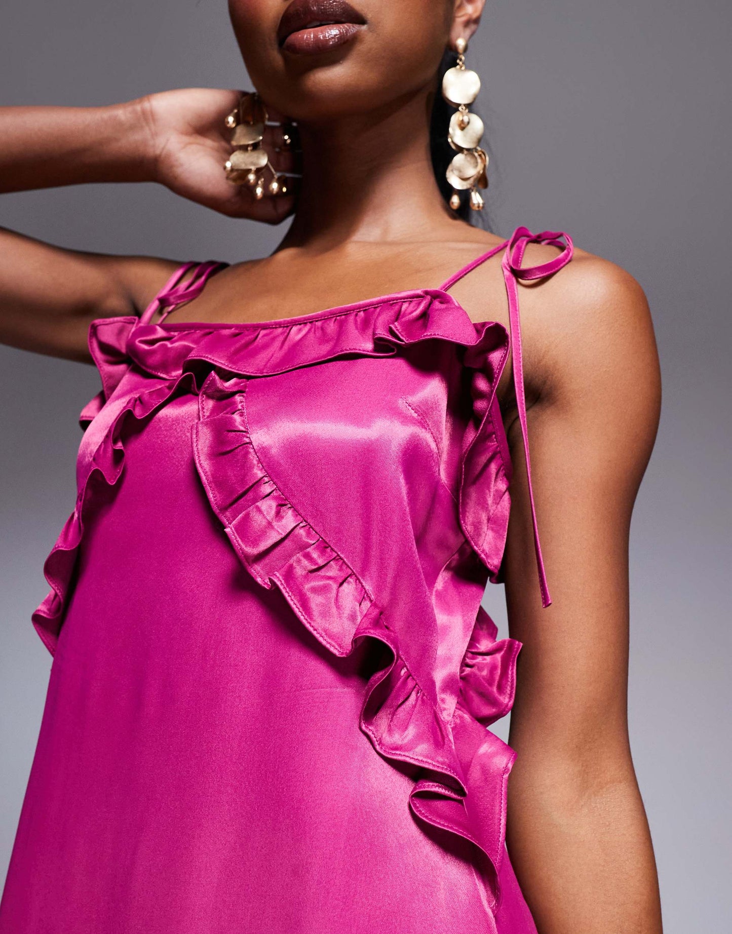 ASOS DESIGN satin ruffle detail maxi slip dress in rose pink