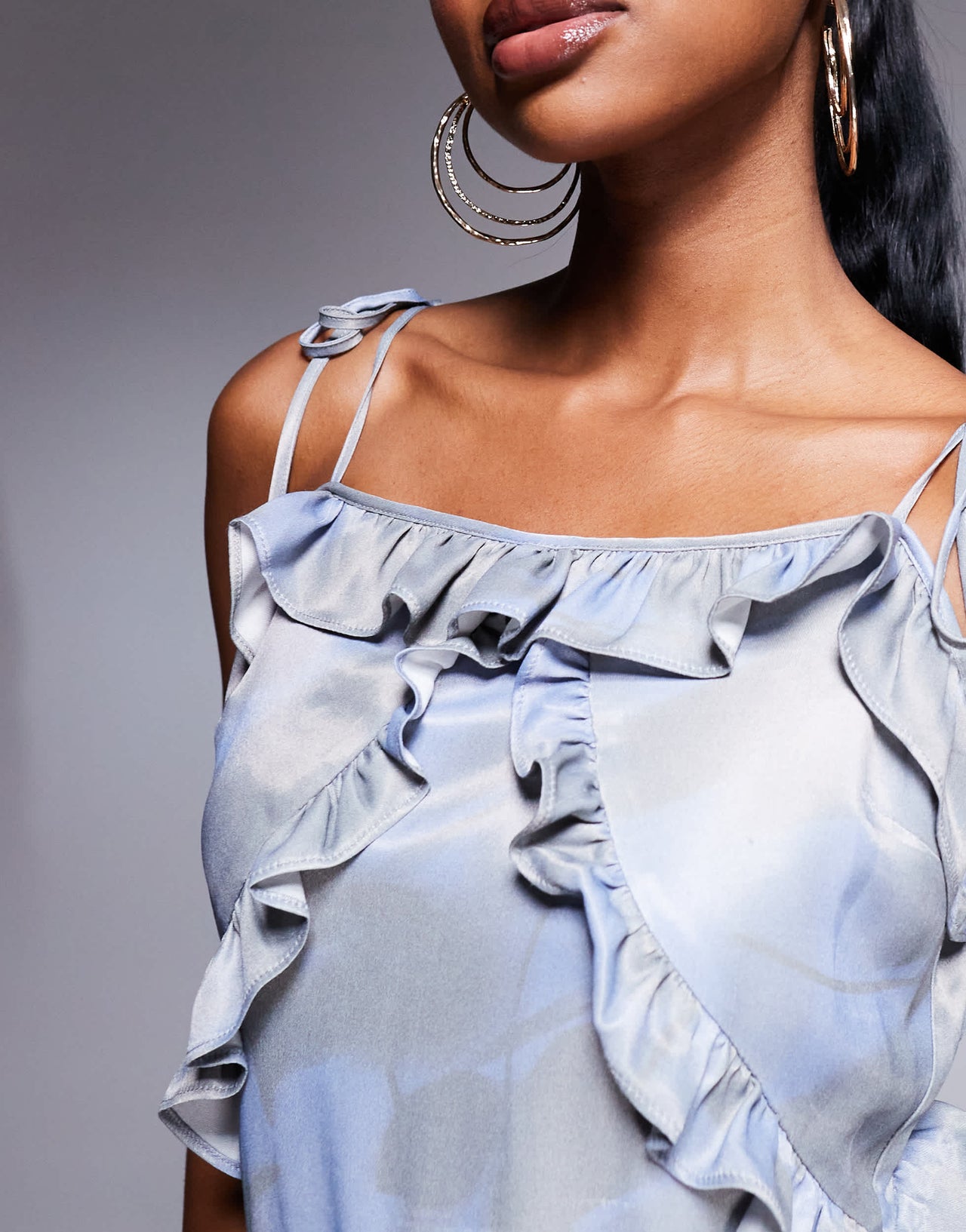 ASOS DESIGN satin ruffle detail maxi slip dress in blue floral