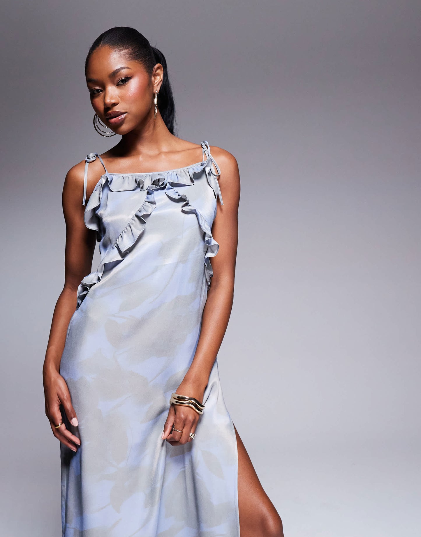 ASOS DESIGN satin ruffle detail maxi slip dress in blue floral