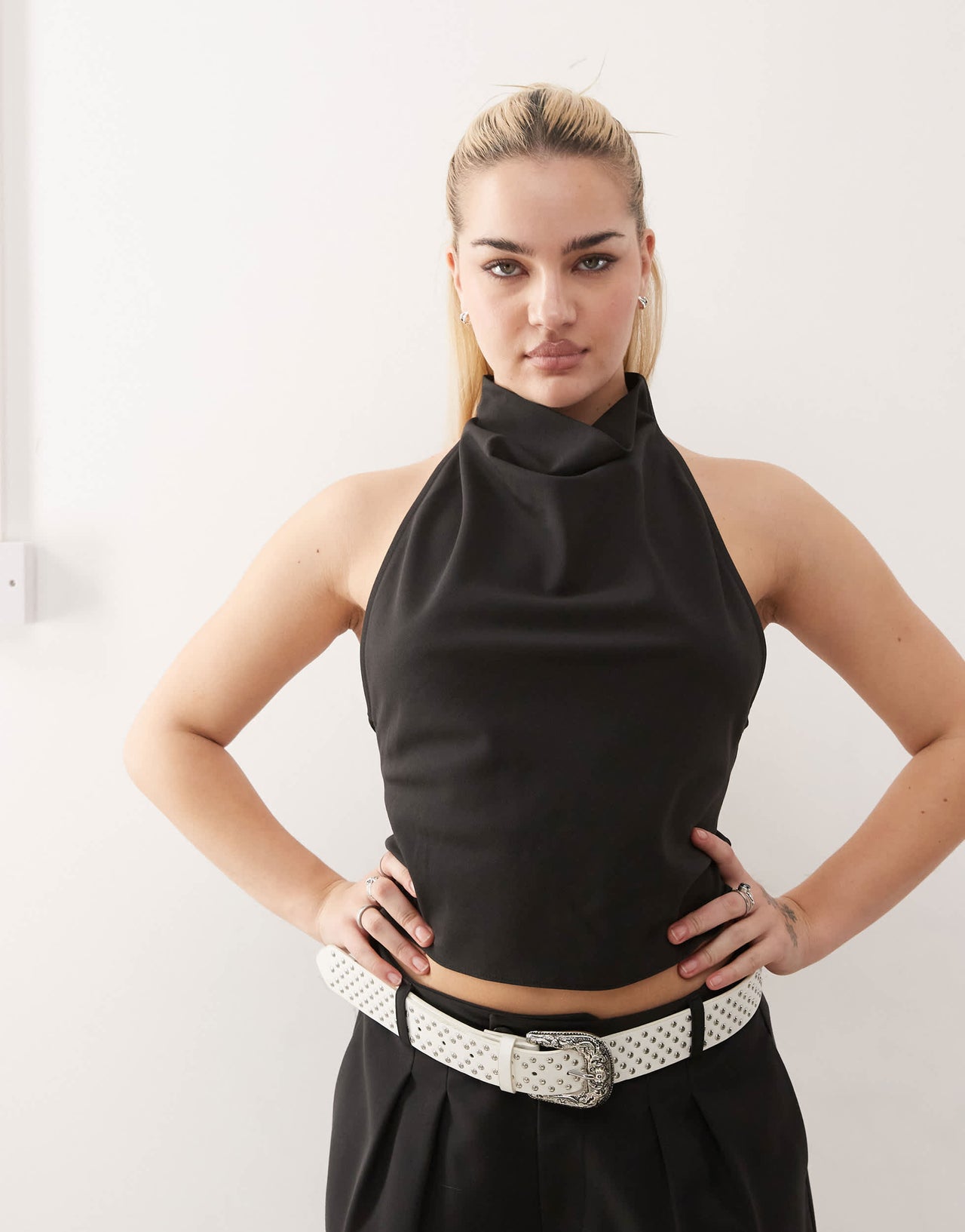 COLLUSION tailored drape halter top co-ord in black