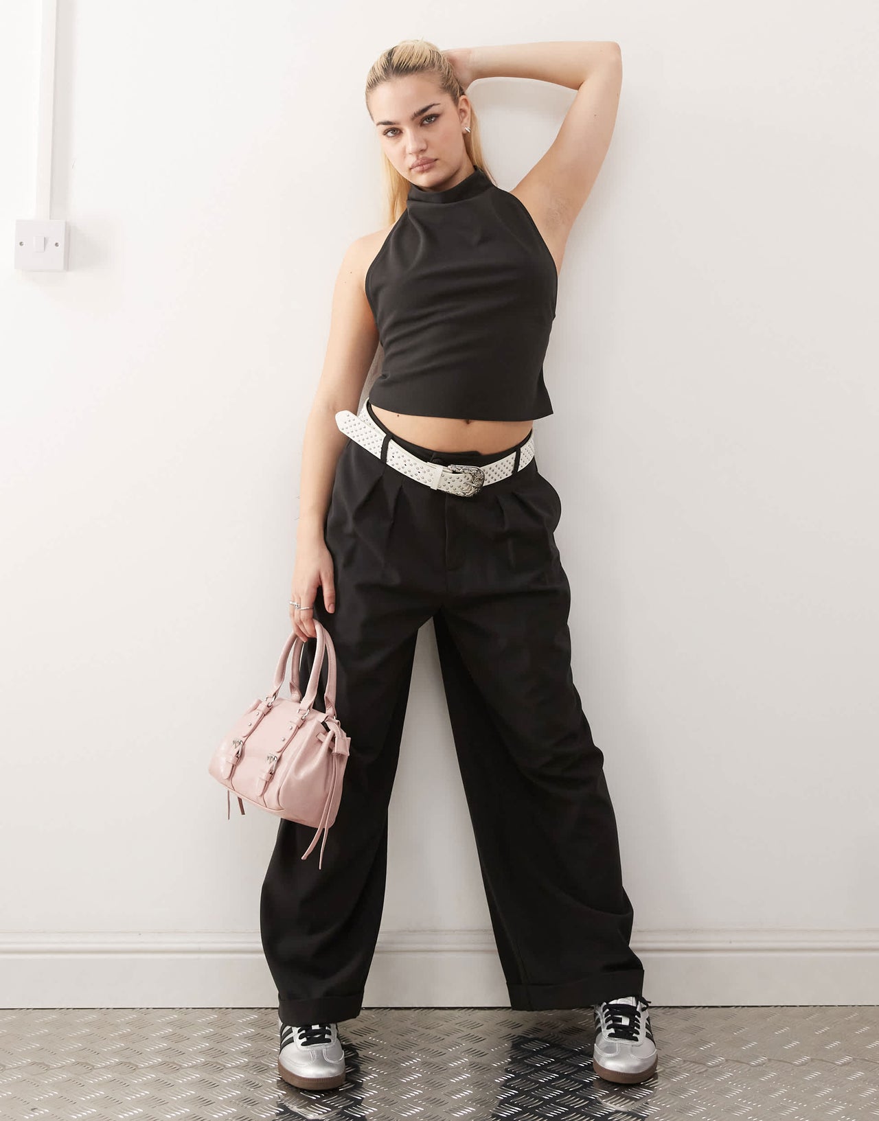 COLLUSION tailored drape halter top co-ord in black