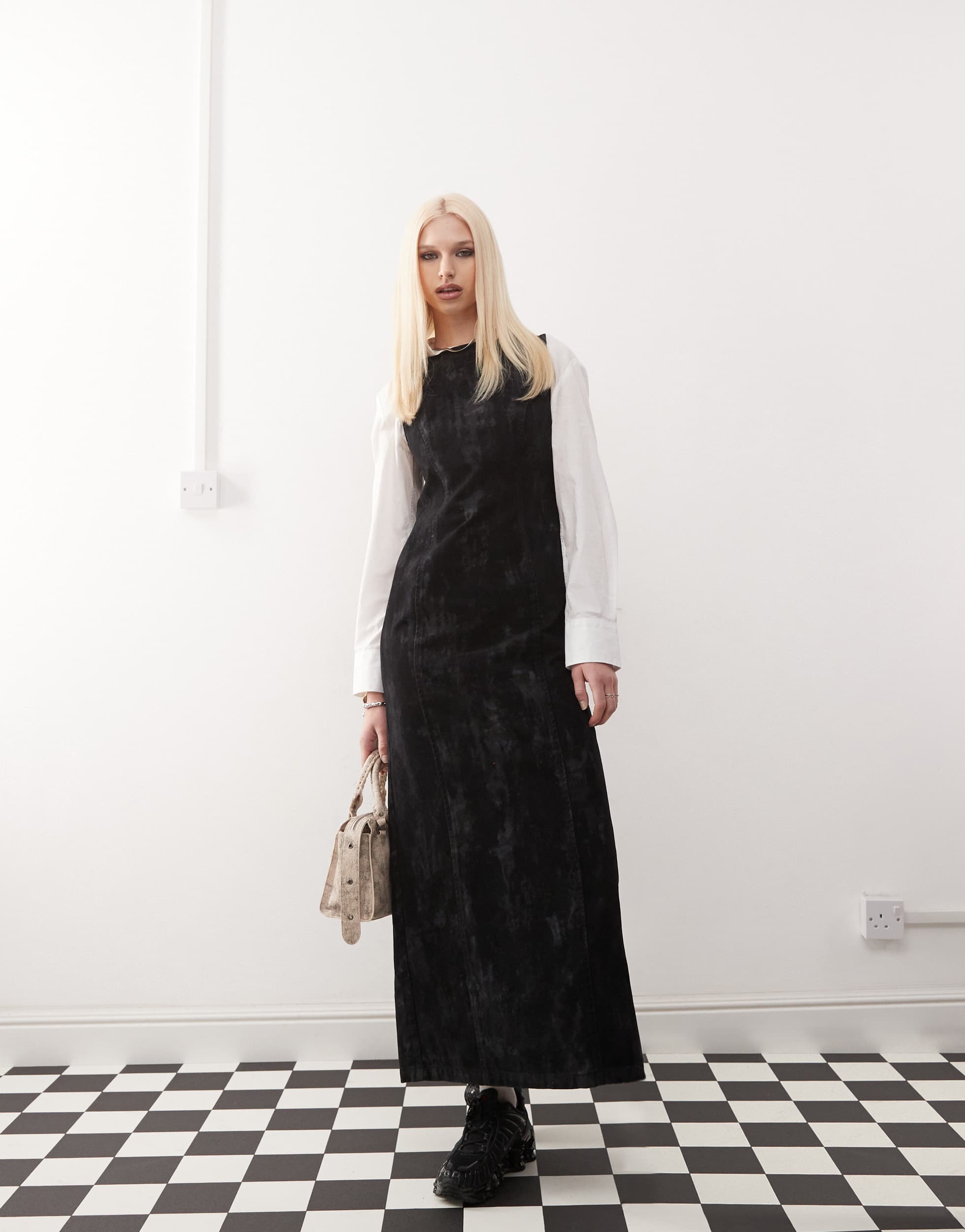 COLLUSION flocked denim midi dress in camo print