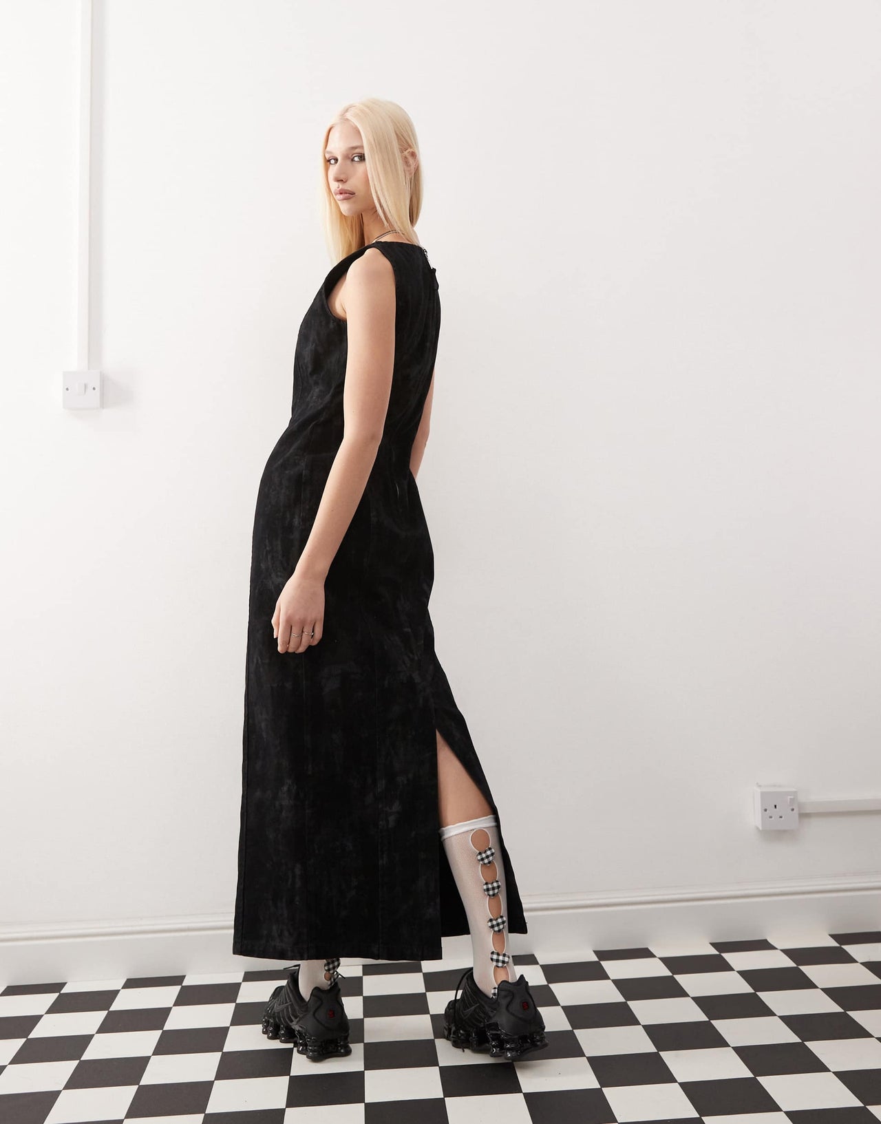 COLLUSION flocked denim midi dress in camo print