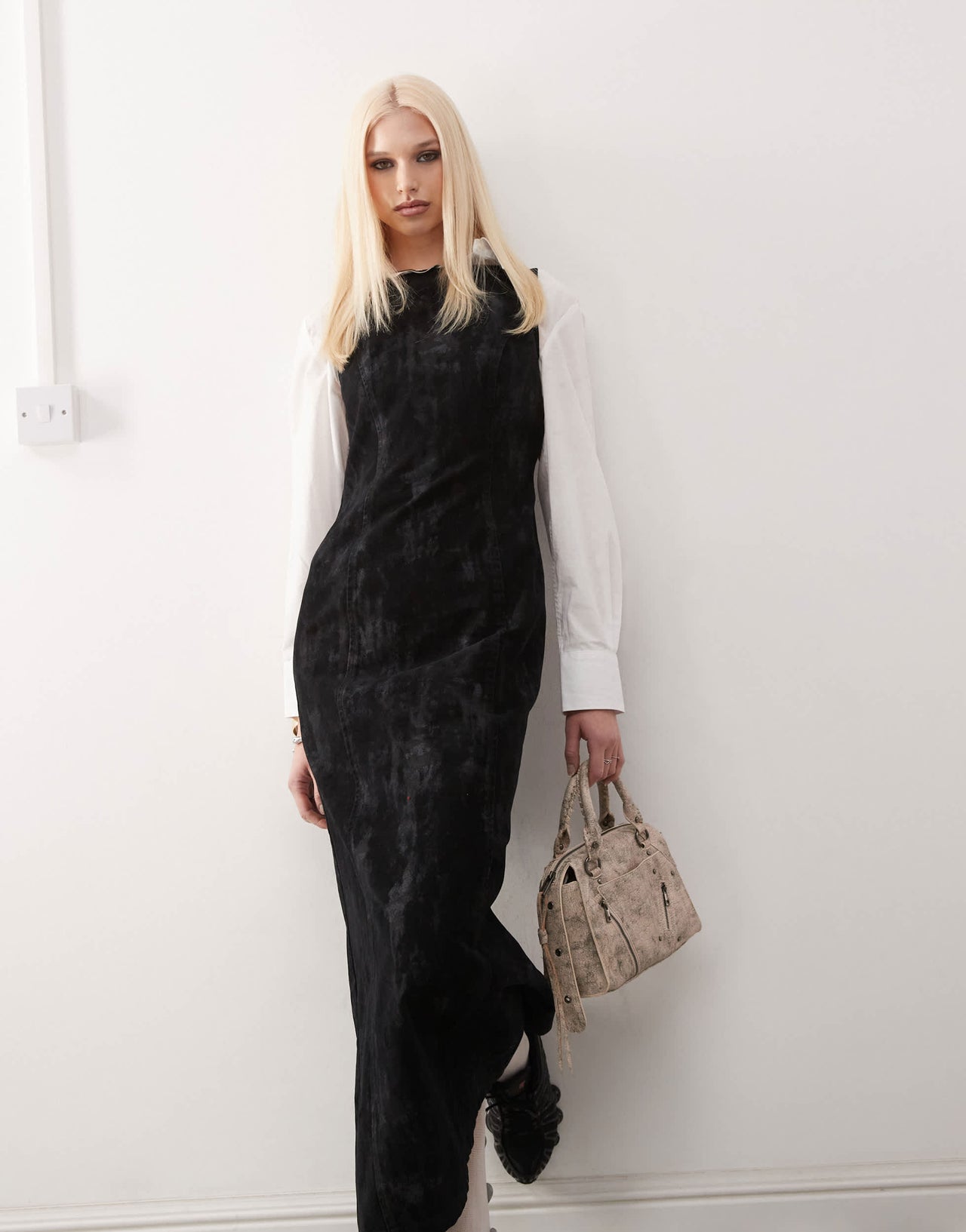 COLLUSION flocked denim midi dress in camo print