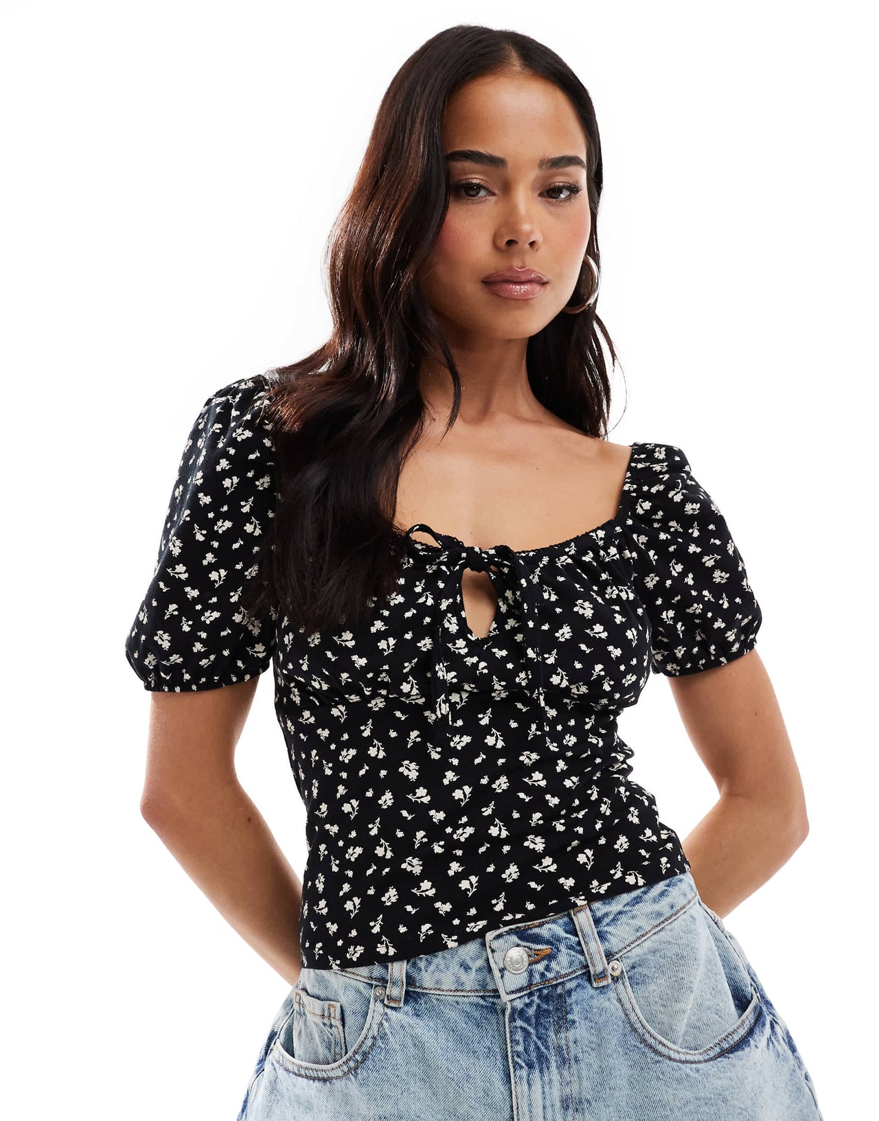Miss Selfridge tie front milkmaid top in ditsy print