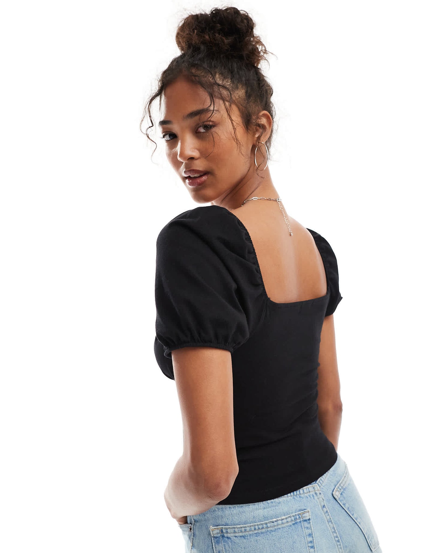Miss Selfridge tie front milkmaid top in black