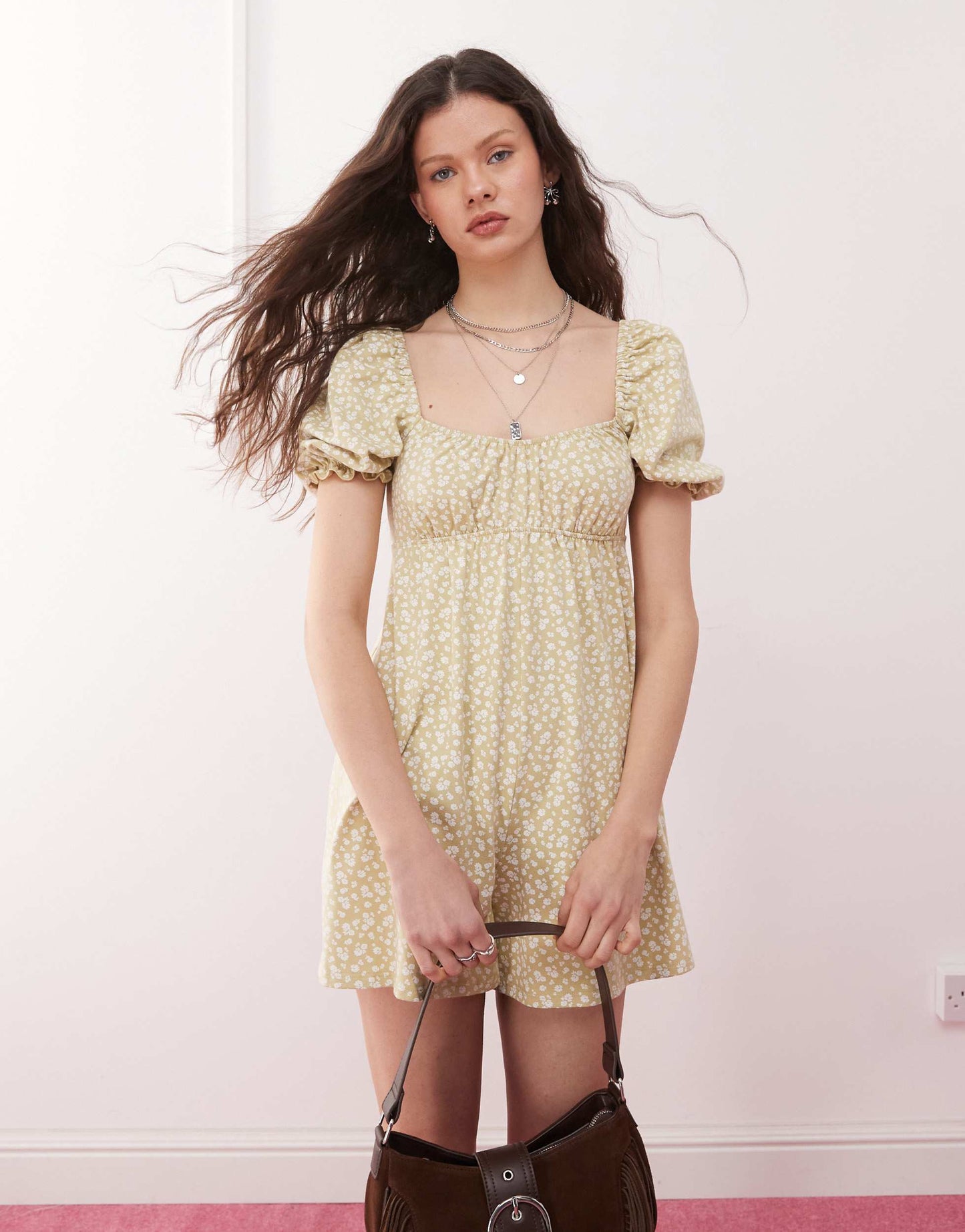Miss Selfridge shirred puff sleeve playsuit in light print