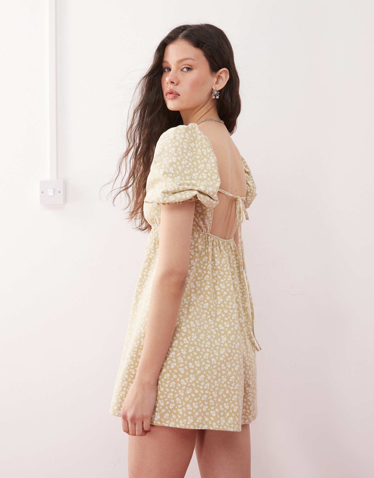 Miss Selfridge shirred puff sleeve playsuit in light print