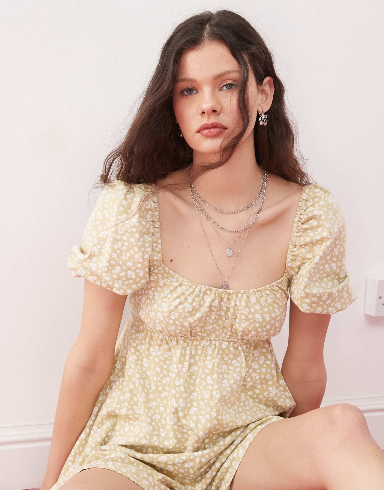 Miss Selfridge shirred puff sleeve playsuit in light print