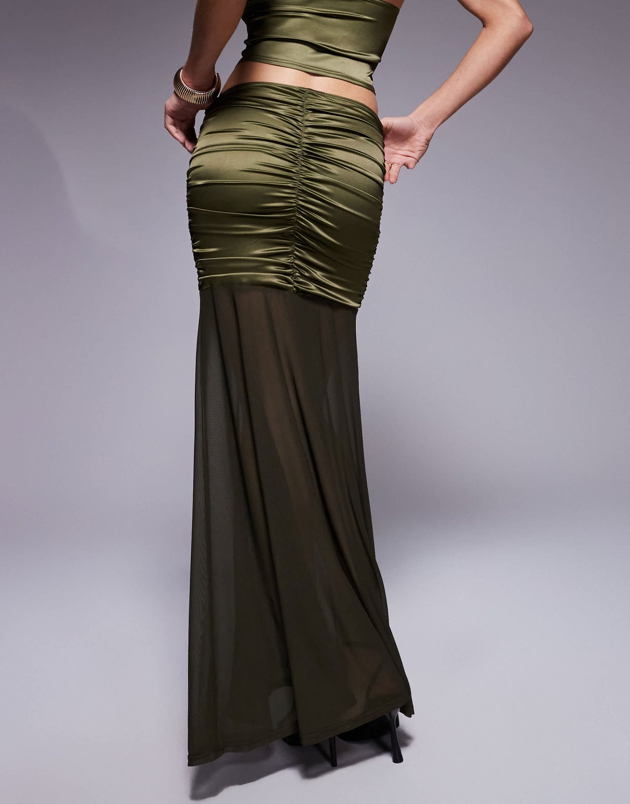 ASOS DESIGN co-ord stretch satin ruched maxi skirt with mesh hem in olive