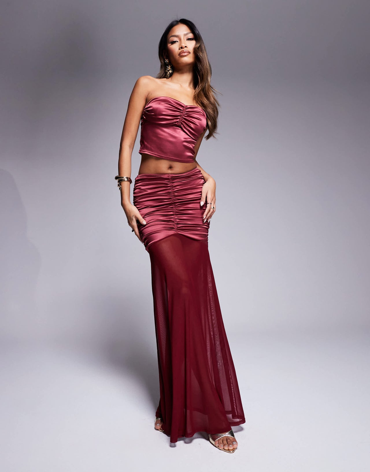 ASOS DESIGN co-ord stretch satin ruched maxi skirt with mesh hem in berry