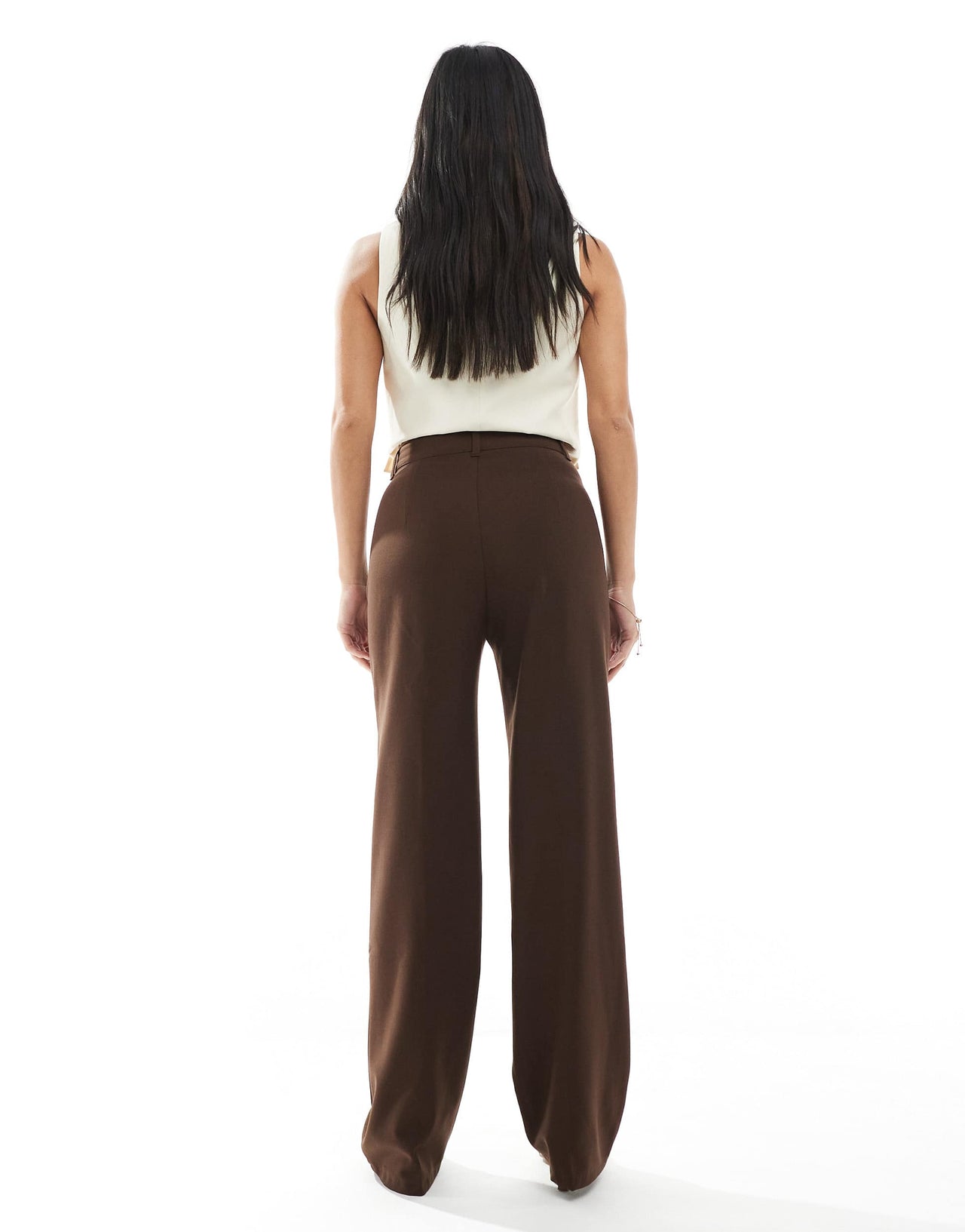 Pull&Bear Petite straight leg tailored trousers with front seam in chocolate brown