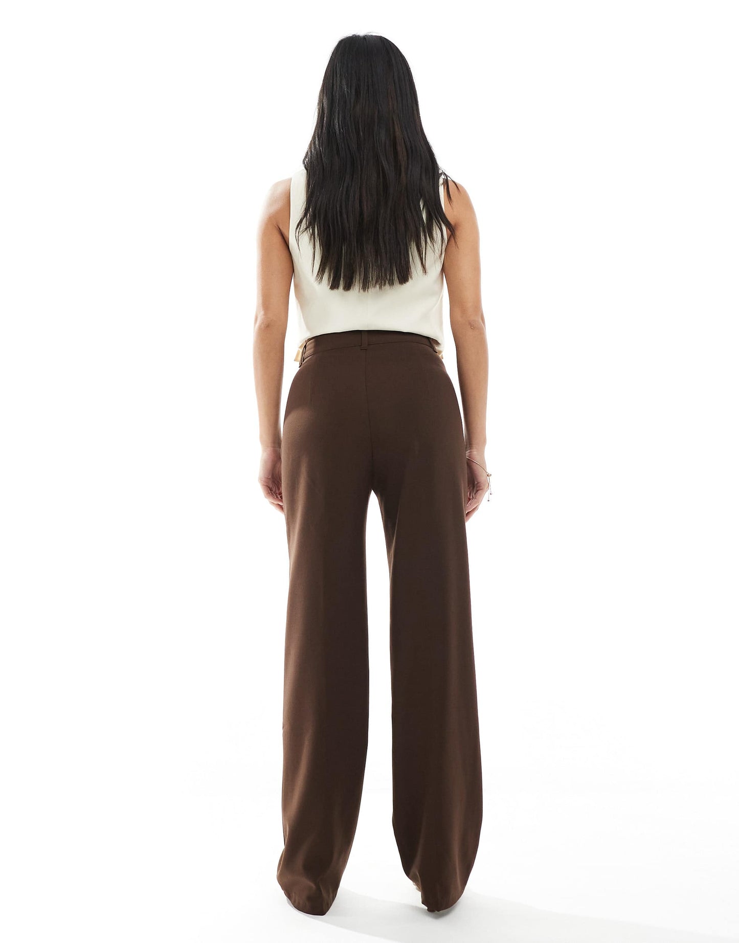 Pull&Bear Petite straight leg tailored trousers with front seam in chocolate brown