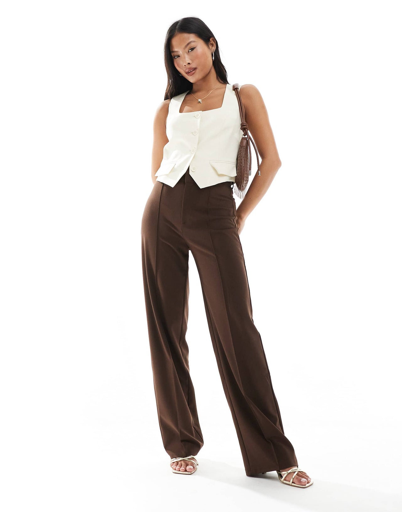 Pull&Bear Petite straight leg tailored trousers with front seam in chocolate brown