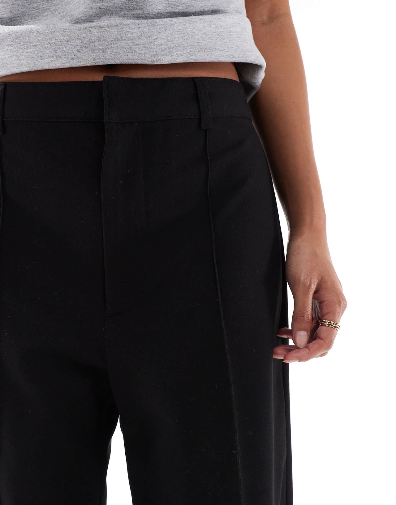 Pull&Bear Petite straight leg tailored trousers with front seam in black