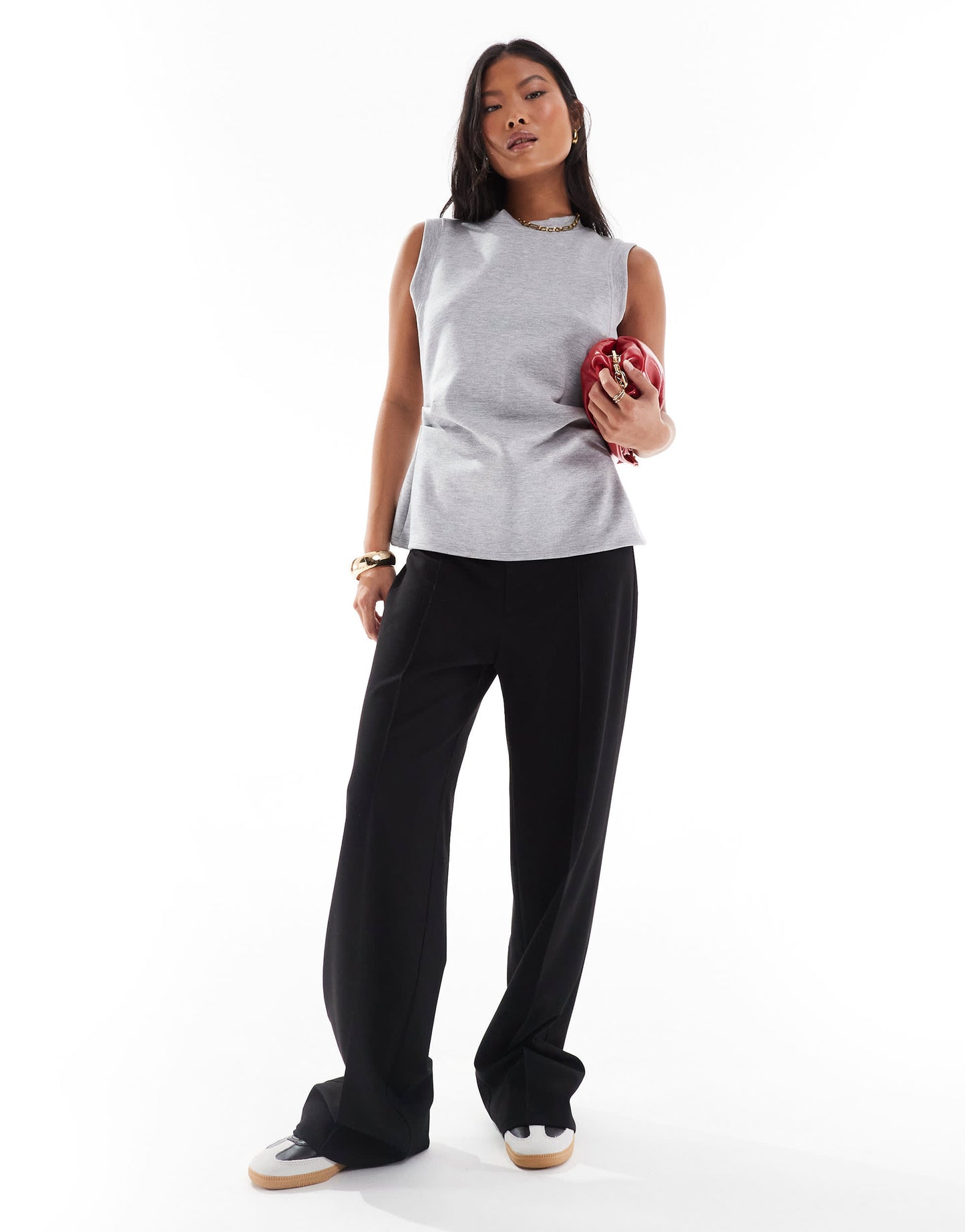 Pull&Bear Petite straight leg tailored trousers with front seam in black