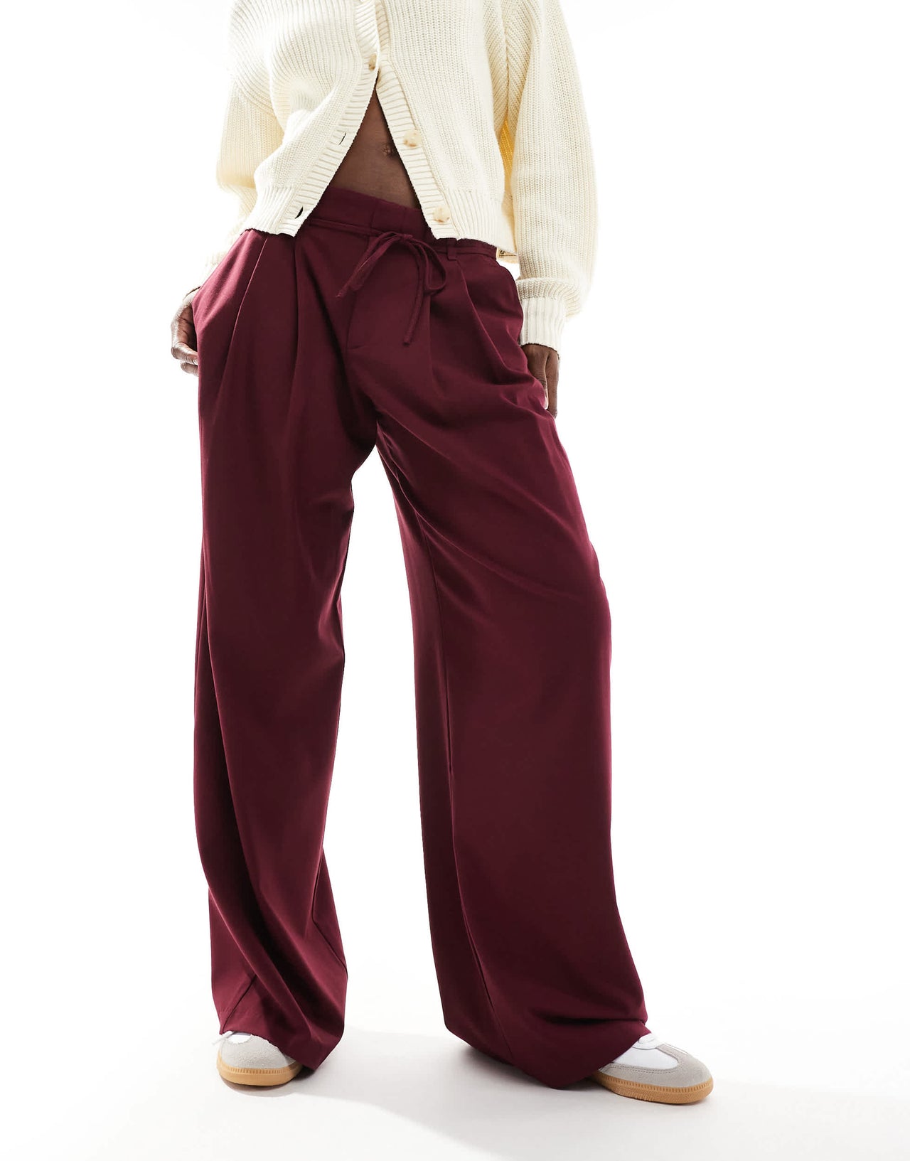 Pull&Bear wide leg tailored trousers with tie waist in burgundy