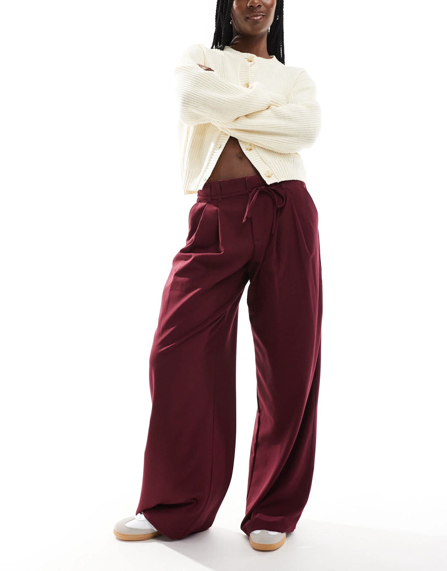 Pull&Bear wide leg tailored trousers with tie waist in burgundy
