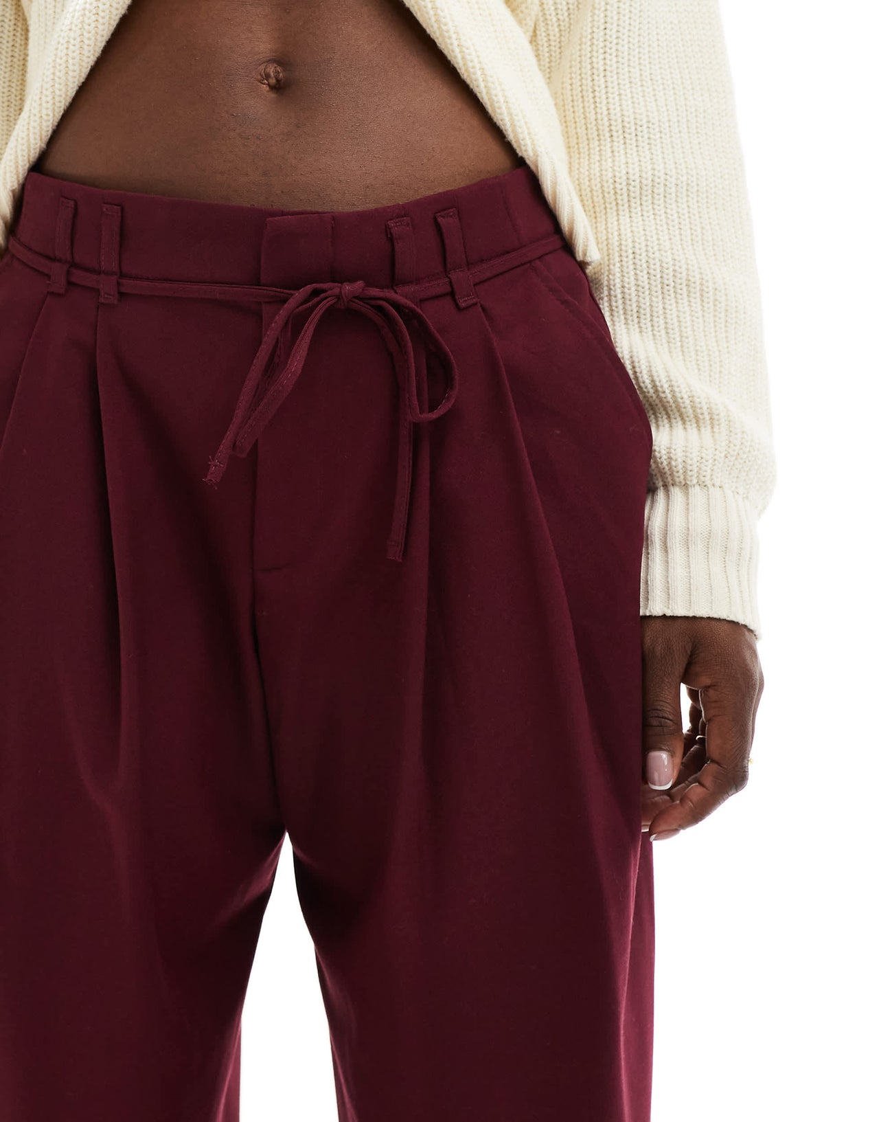 Pull&Bear wide leg tailored trousers with tie waist in burgundy