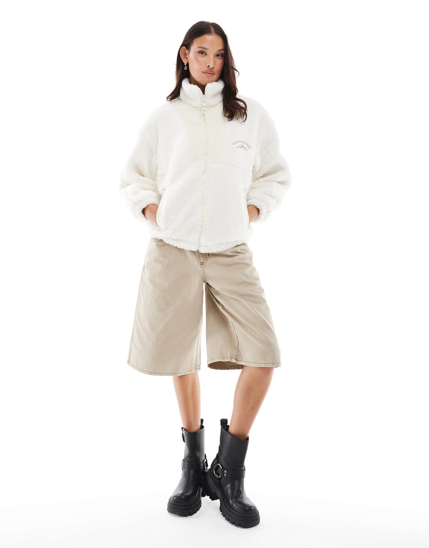 Bershka shearling zip up fleece in ecru
