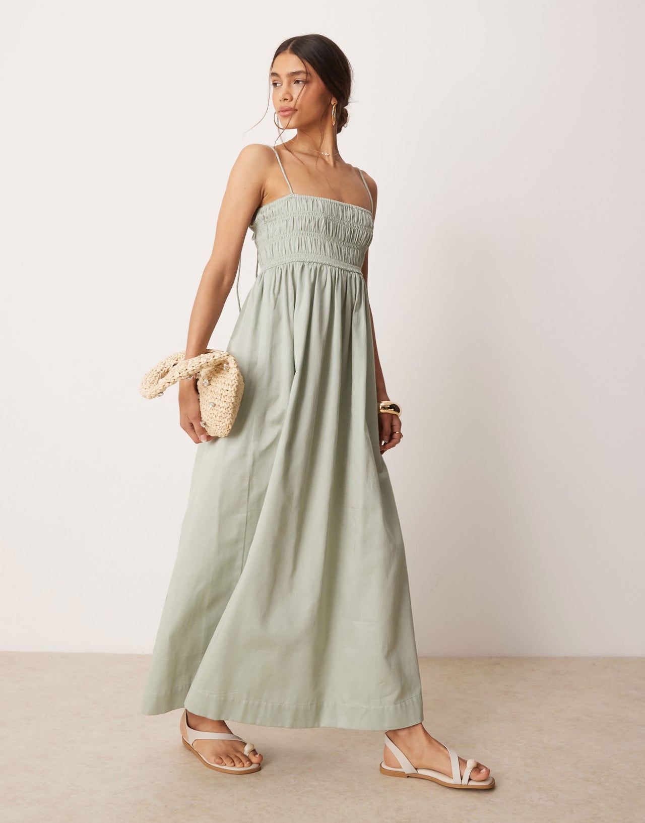 ASOS DESIGN shirred bust cotton sateen maxi sundress in sage