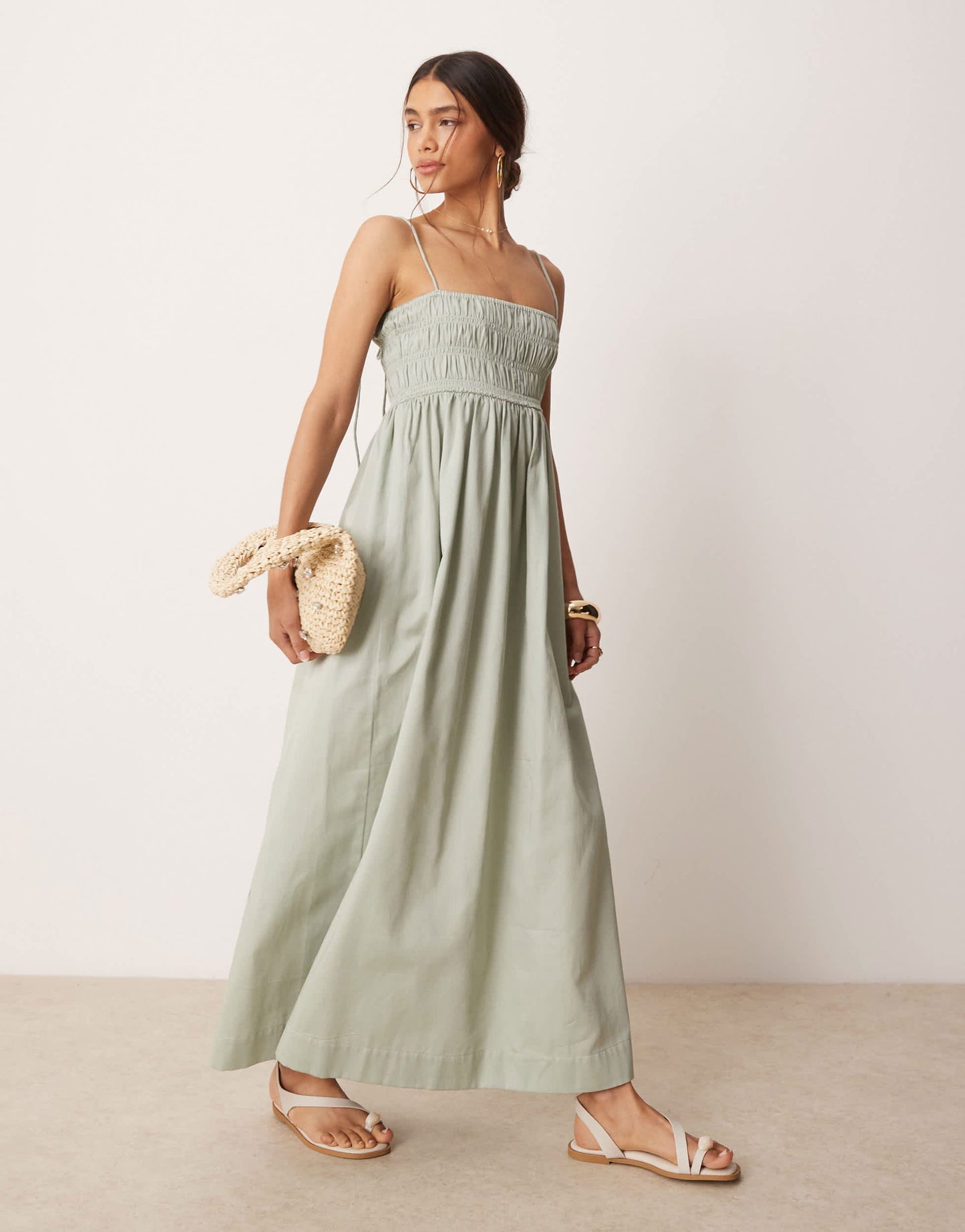 ASOS DESIGN shirred bust cotton sateen maxi sundress in sage