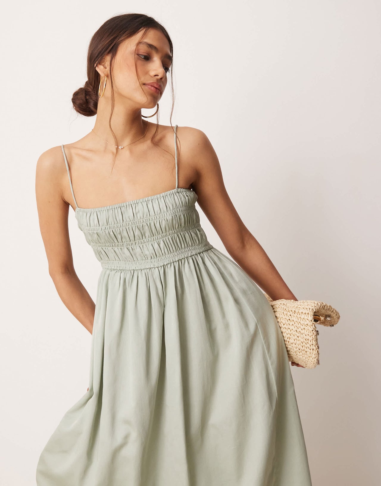 ASOS DESIGN shirred bust cotton sateen maxi sundress in sage
