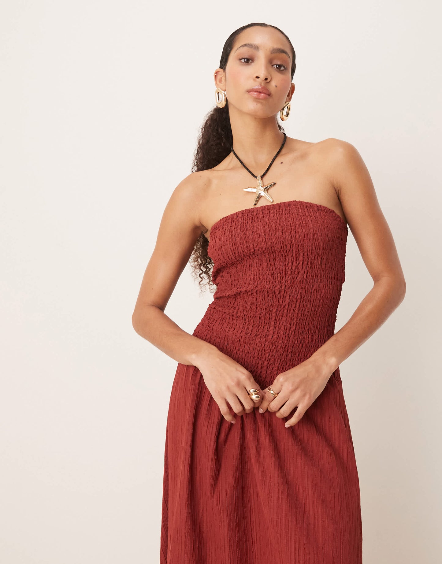ASOS DESIGN crinkle bandeau maxi dress in burgundy