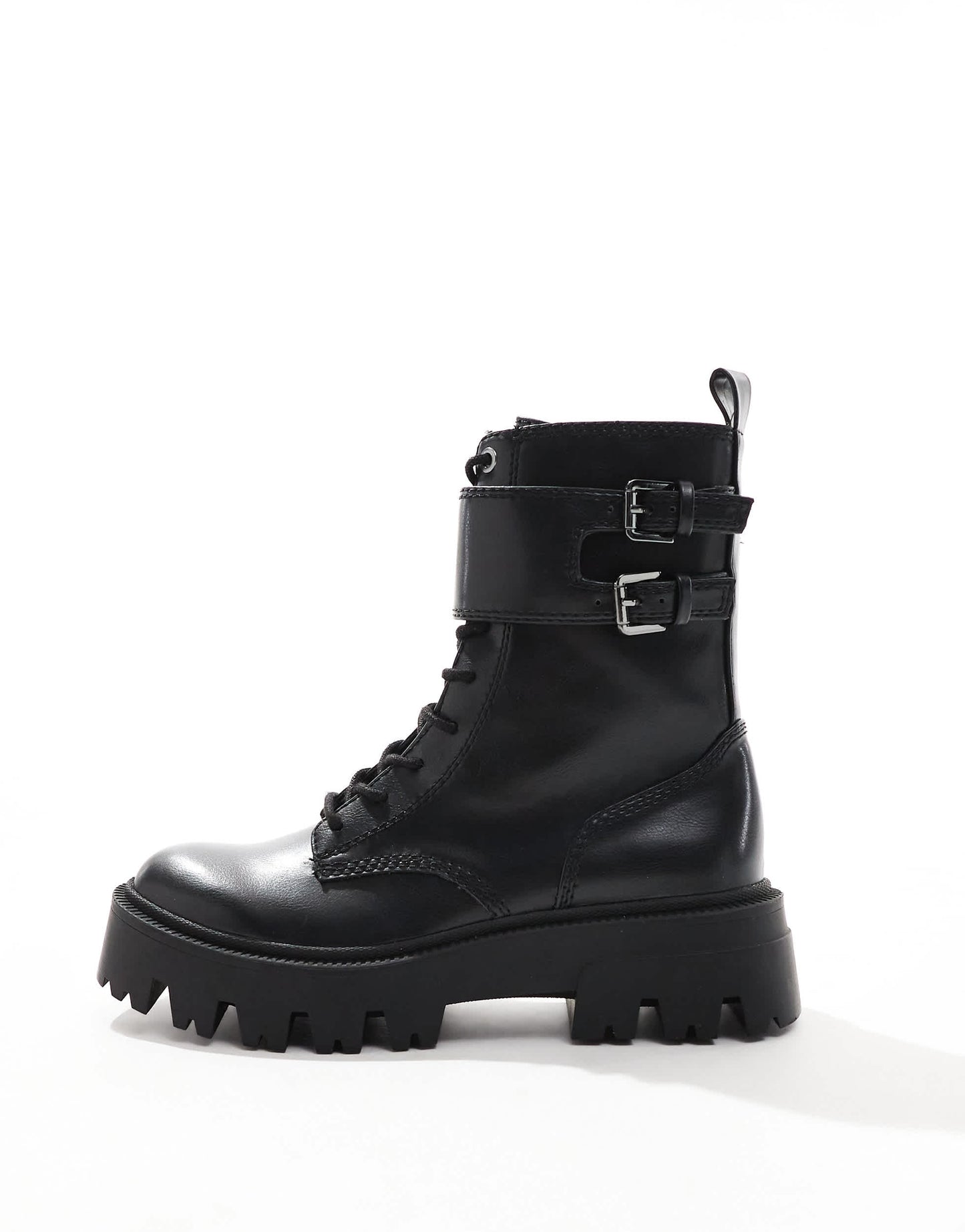 Stradivarius buckle detail chunky flat boot in black