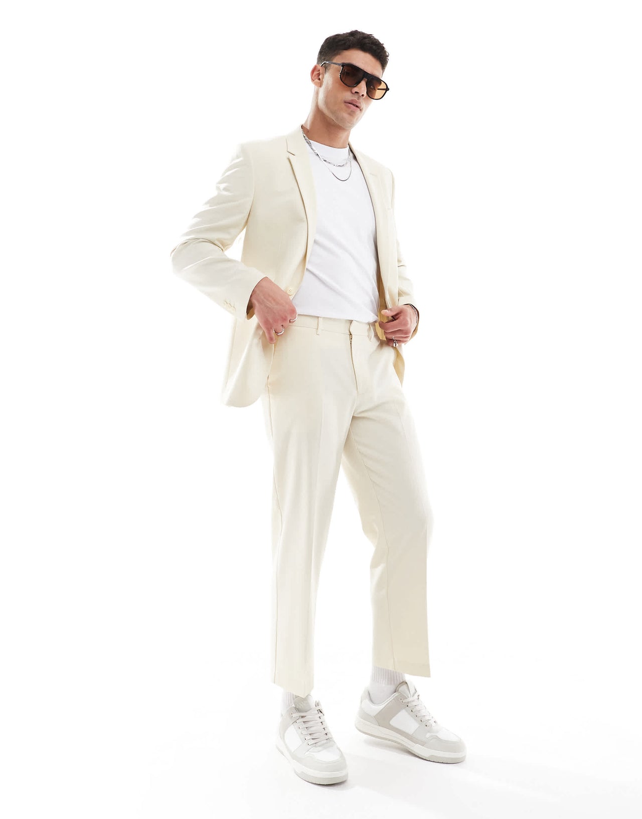 ASOS DESIGN straight cropped length suit trousers in stone