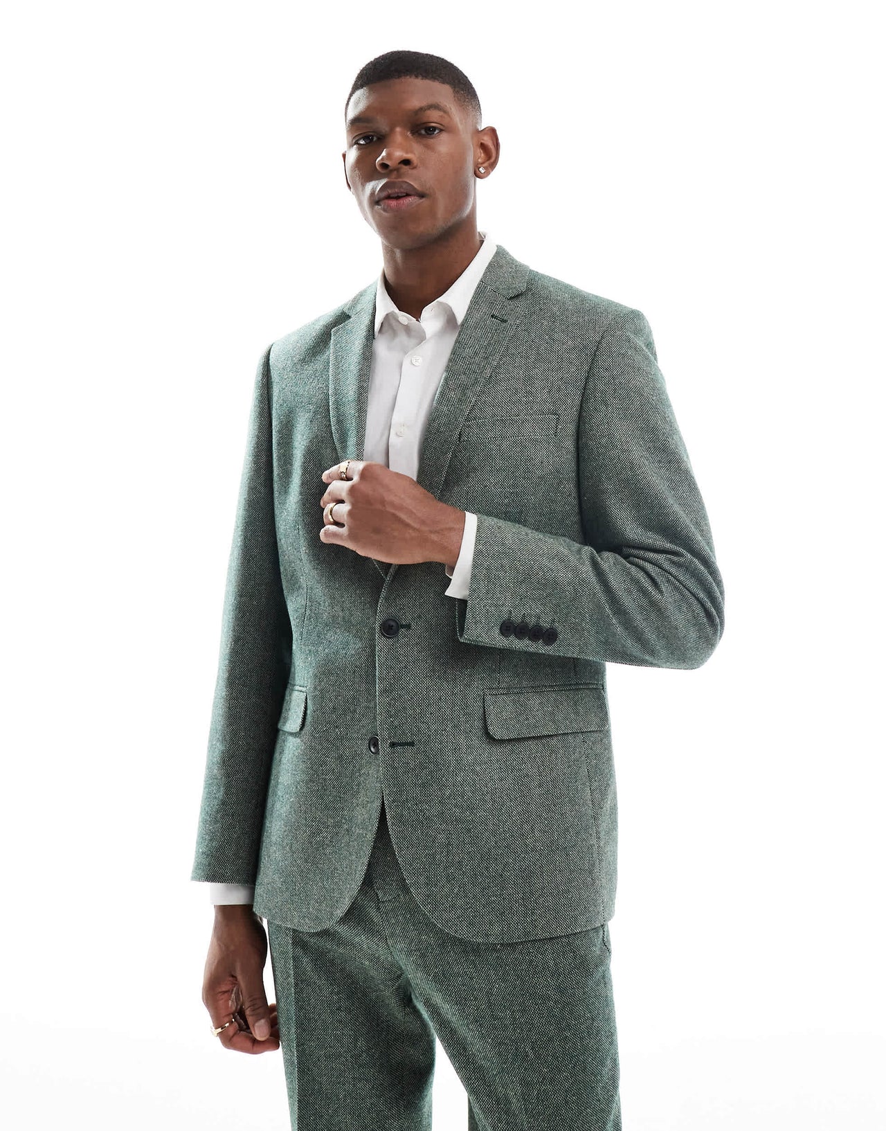 ASOS DESIGN slim fit wool mix suit jacket in bottle green tweed
