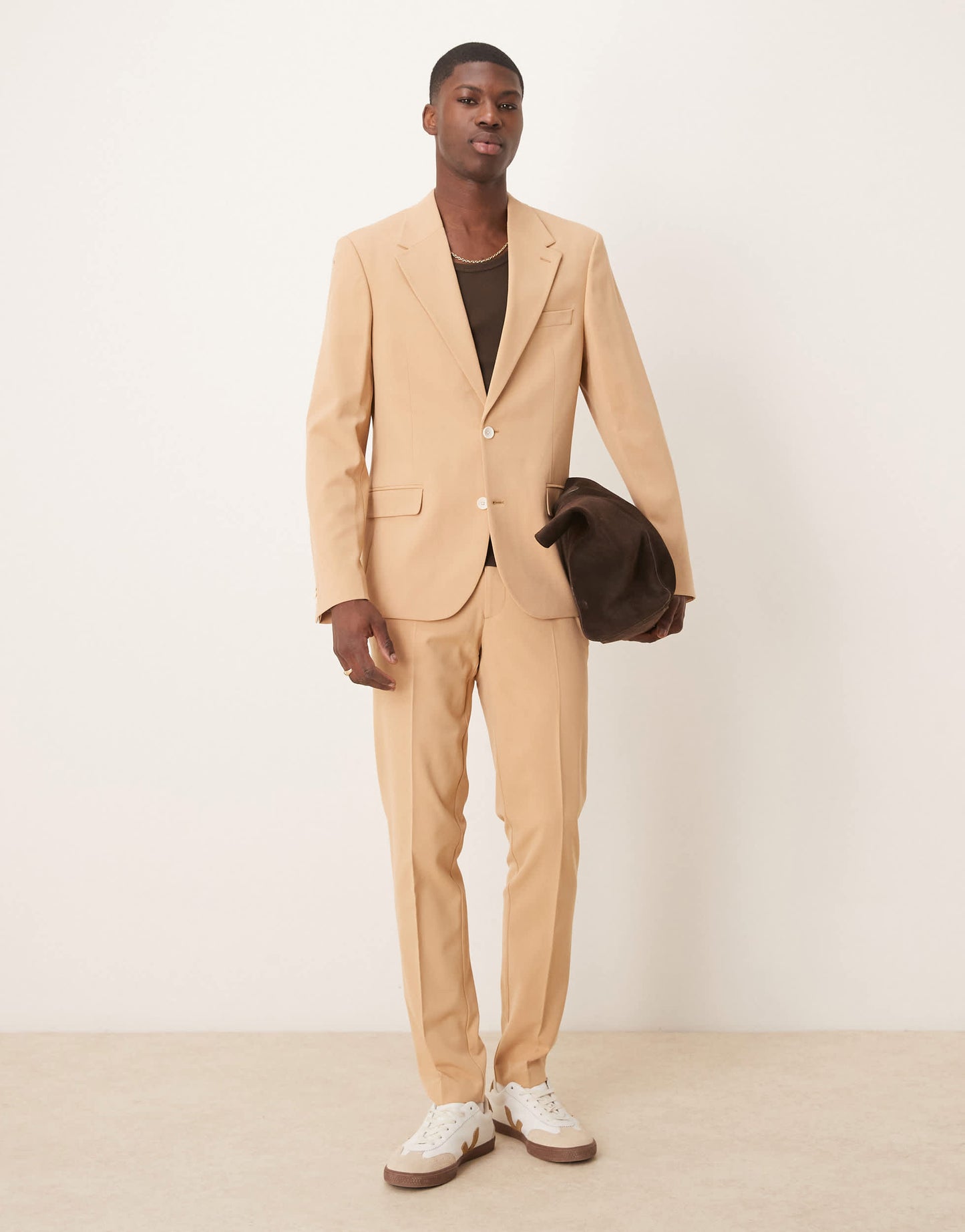 ASOS DESIGN four way stretch skinny fit suit trousers in pebble