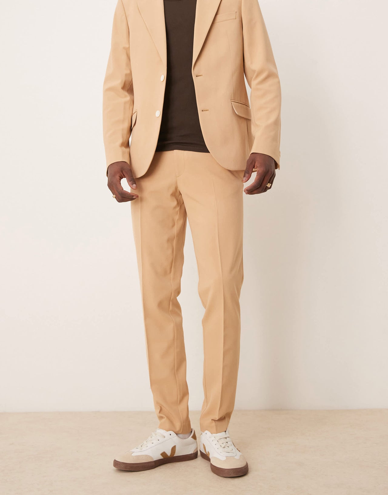 ASOS DESIGN four way stretch skinny fit suit trousers in pebble