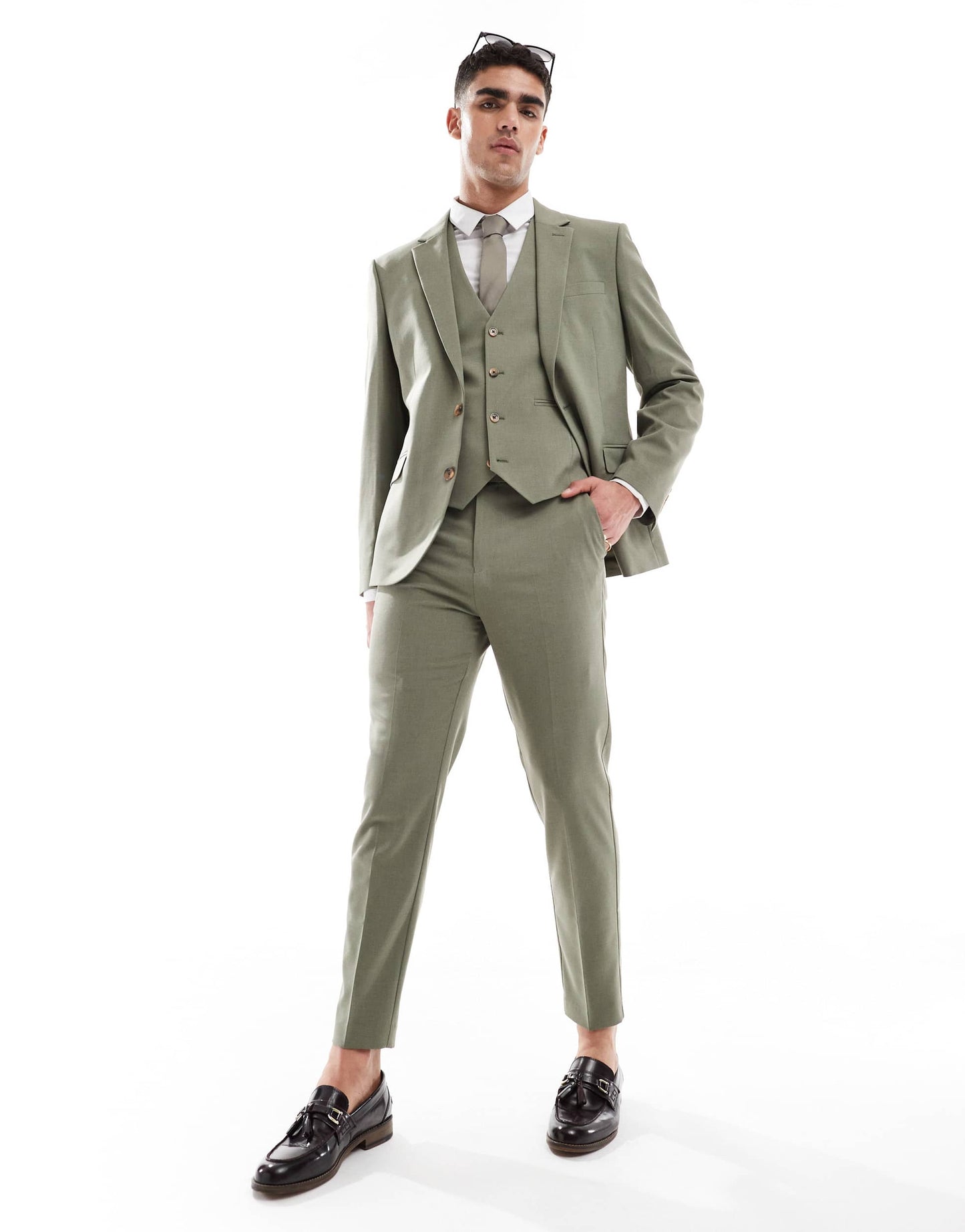 ASOS DESIGN tapered suit trousers in olive green