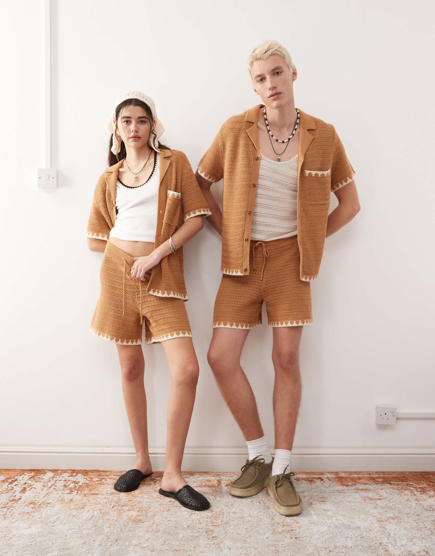 Reclaimed Vintage unisex short sleeve boxy crochet shirt in chocolate brown co-ord