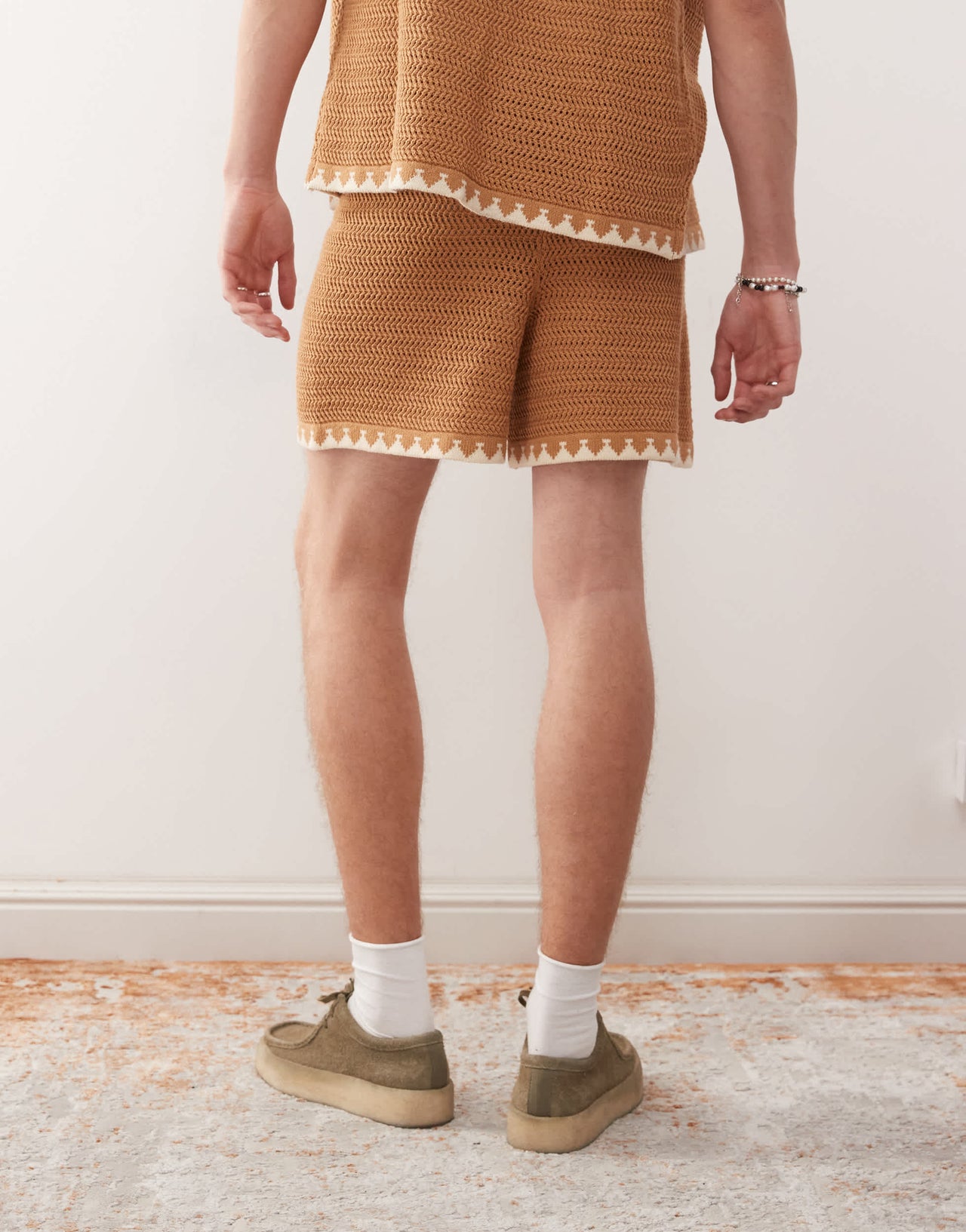 Reclaimed Vintage unisex short sleeve boxy crochet shirt in chocolate brown co-ord