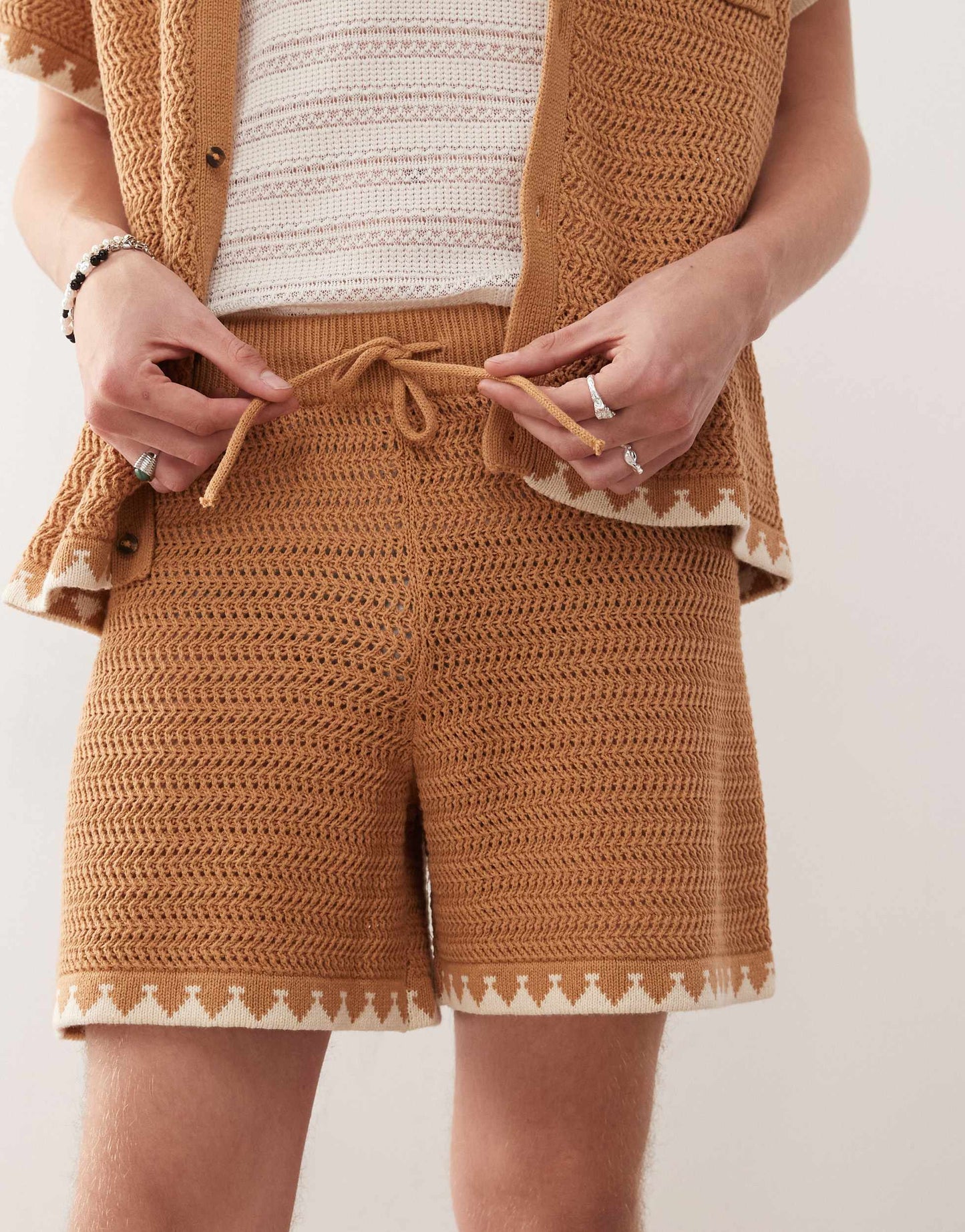 Reclaimed Vintage unisex short sleeve boxy crochet shirt in chocolate brown co-ord