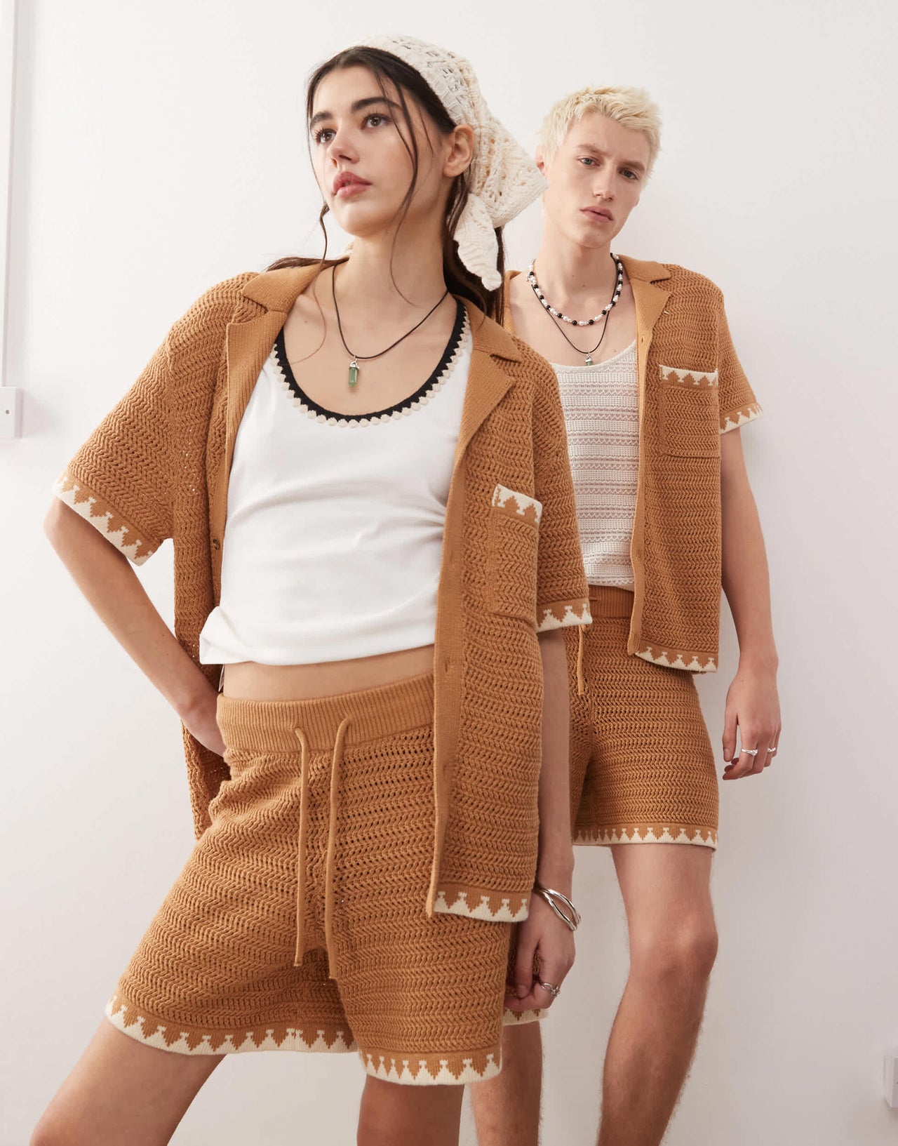 Reclaimed Vintage unisex short sleeve boxy crochet shirt in chocolate brown co-ord
