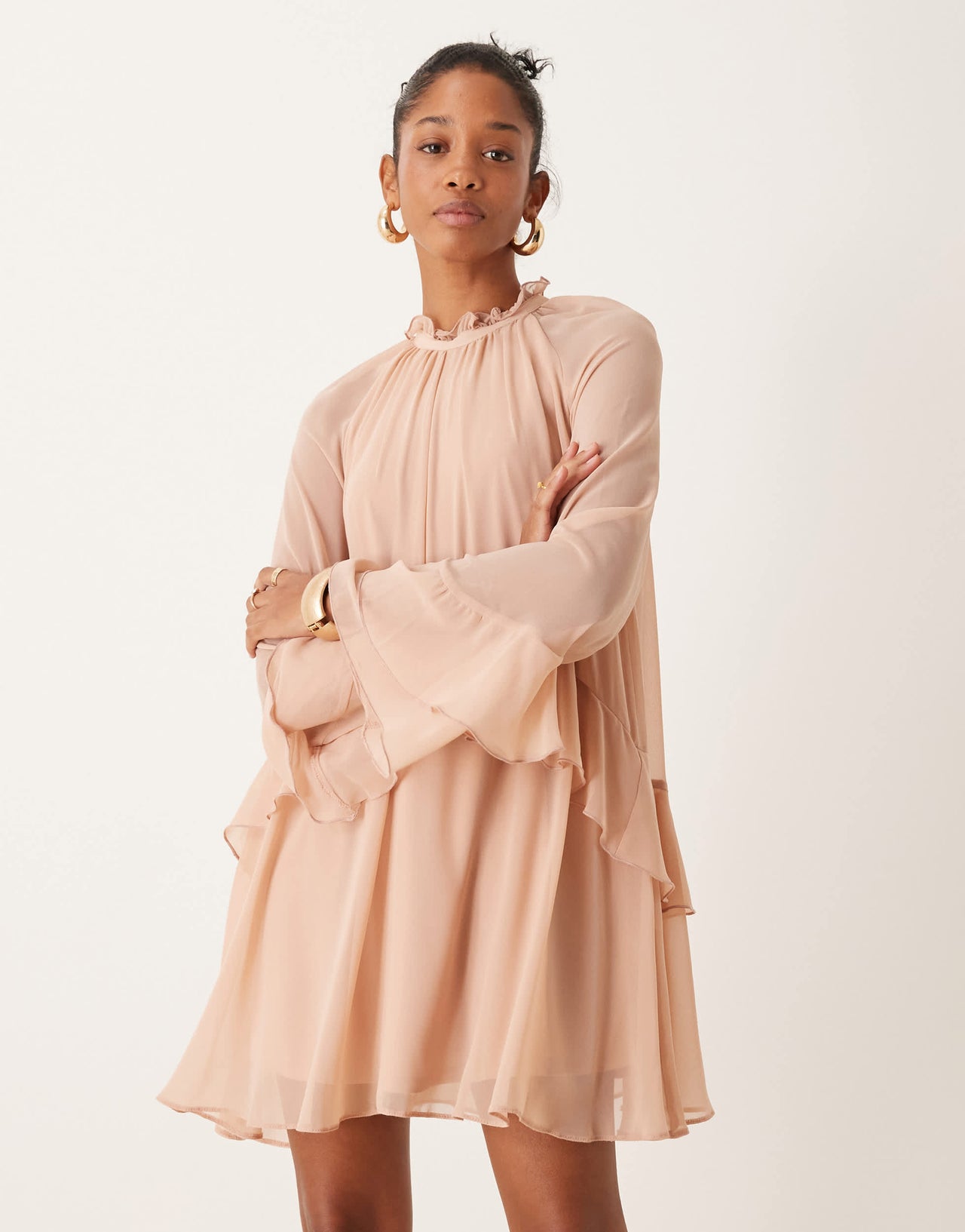 New Look ruffle high neck mini dress in pale pink