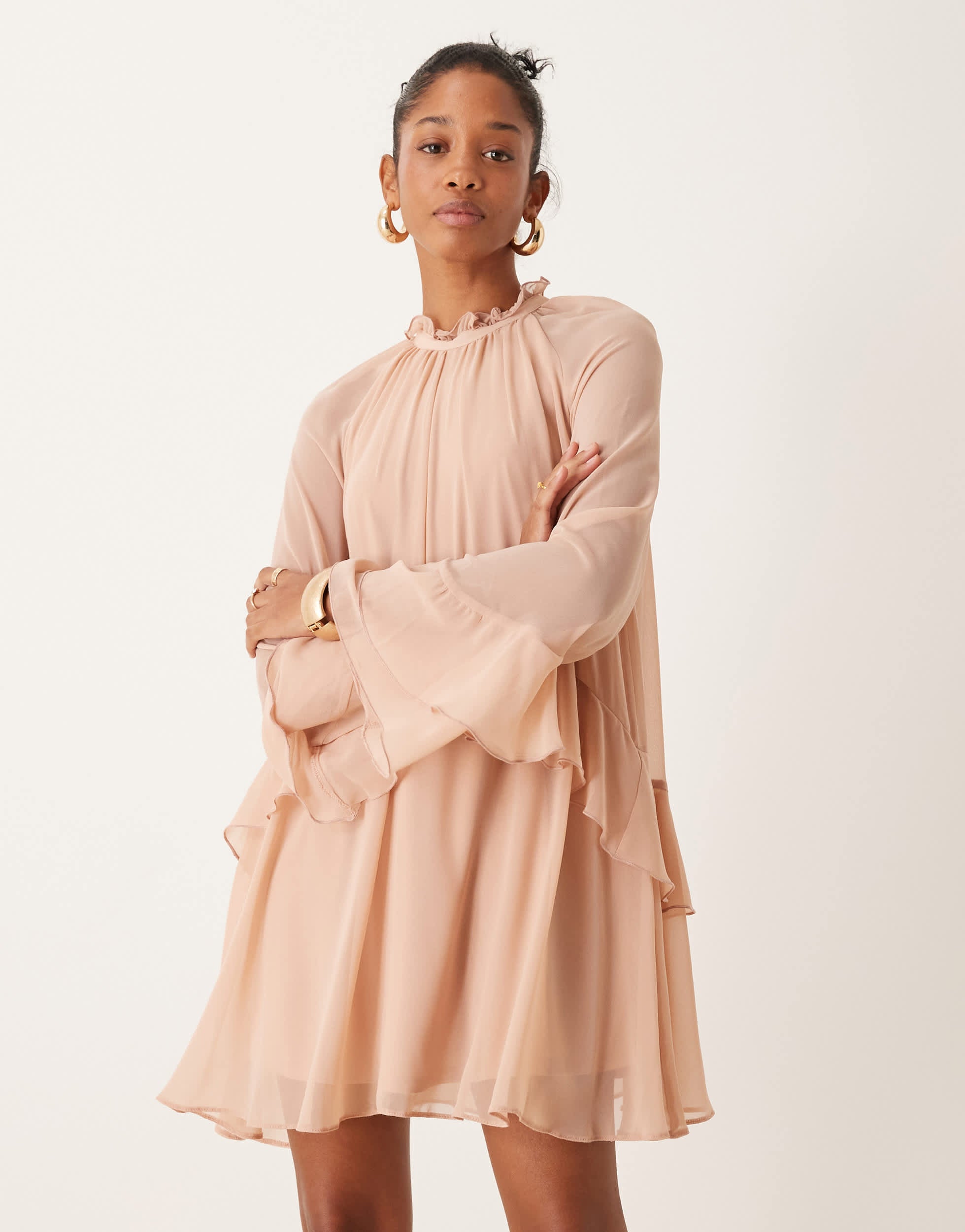 New Look ruffle high neck mini dress in pale pink