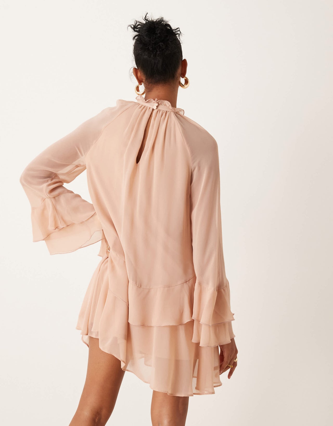 New Look ruffle high neck mini dress in pale pink
