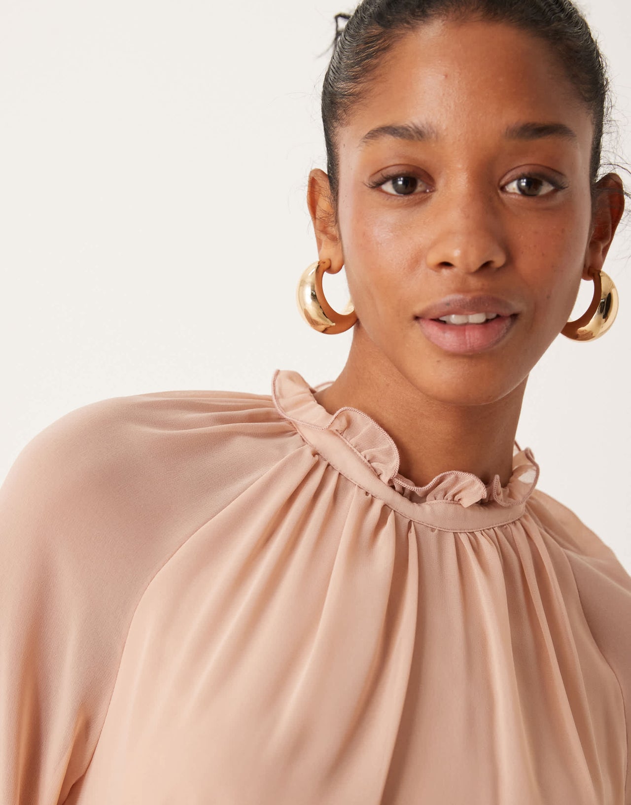 New Look ruffle high neck mini dress in pale pink
