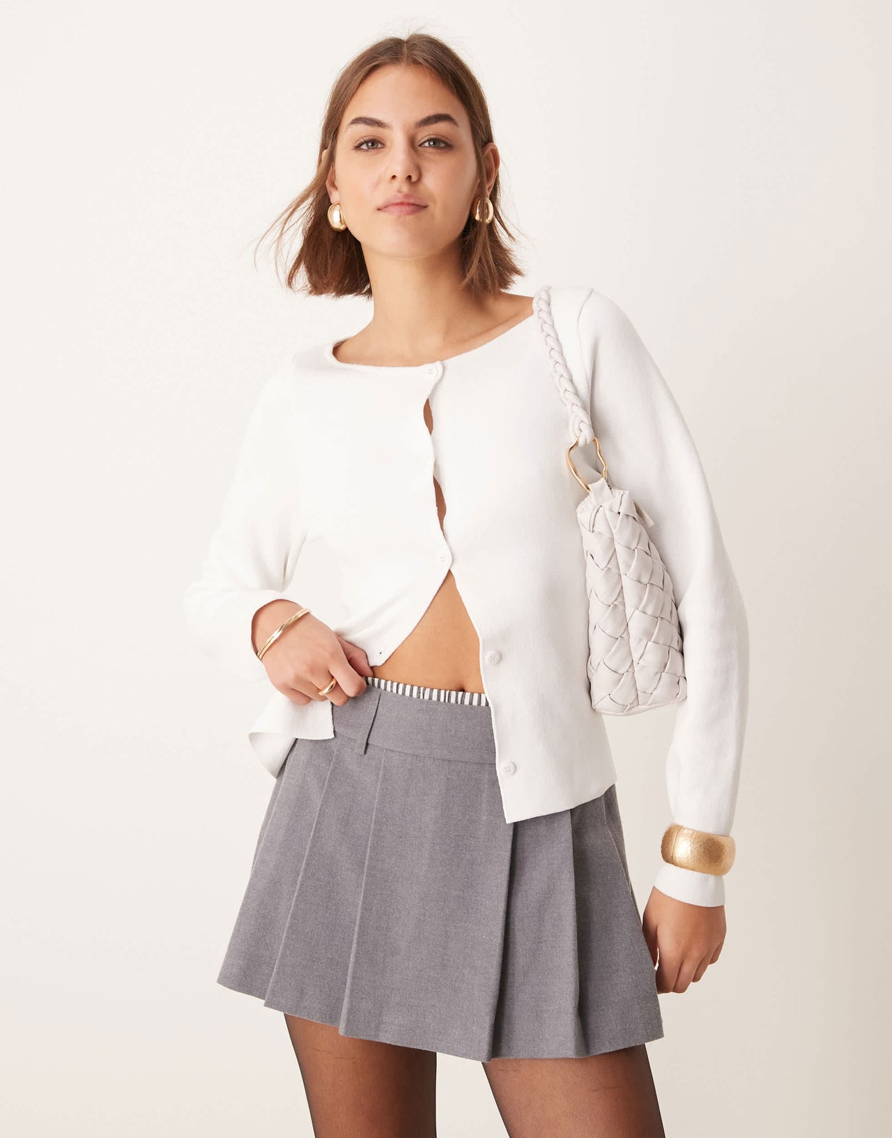 New Look boxer detail pleated mini skirt in grey